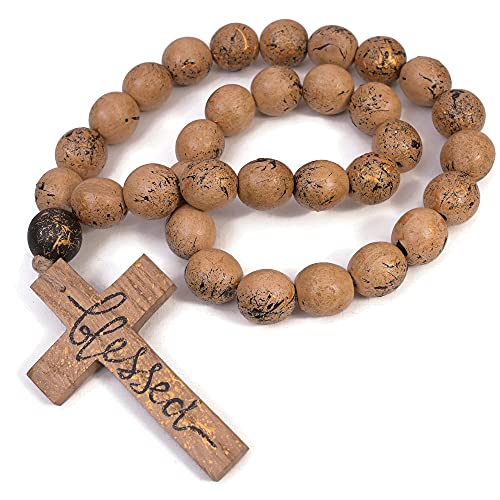 Handmade Wooden Beads with Oak Cross - Premium Catholic Prayer Beads - 33 Hand-Painted Farmhouse Decor Beads for Rustic Home, Coffee Table & Shelf - Perfect for Meditation, Gifts & Spiritual Decor