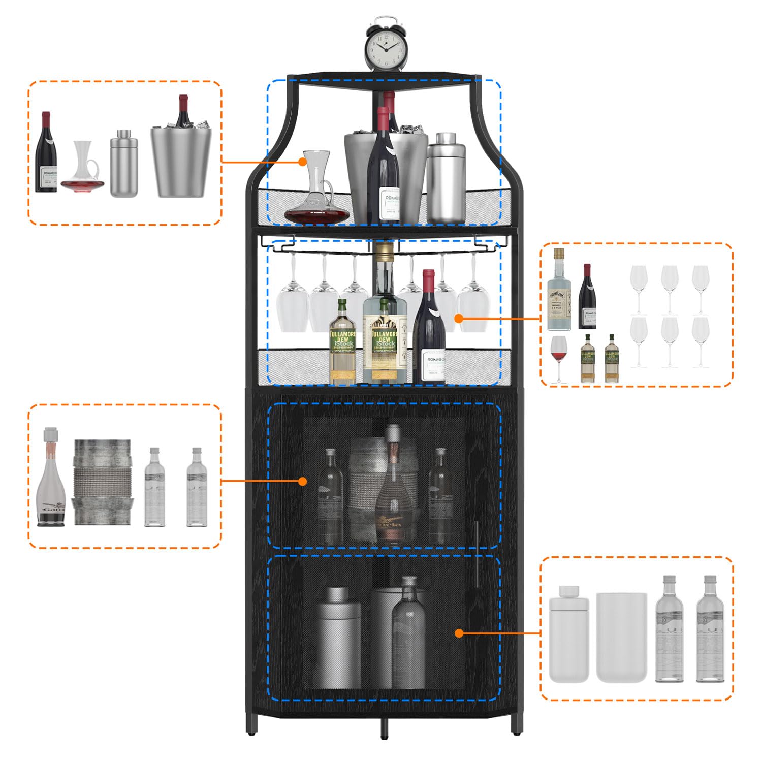 GAOMON 4-Tier Corner Wine Bar Cabinet - Large Storage Space with Removable Wine Rack, Coffee Bar Cabinet with Glass Holder & Mesh Door - Perfect for Home Bar, Kitchen, Dining Room & Entertainment Areas - Black