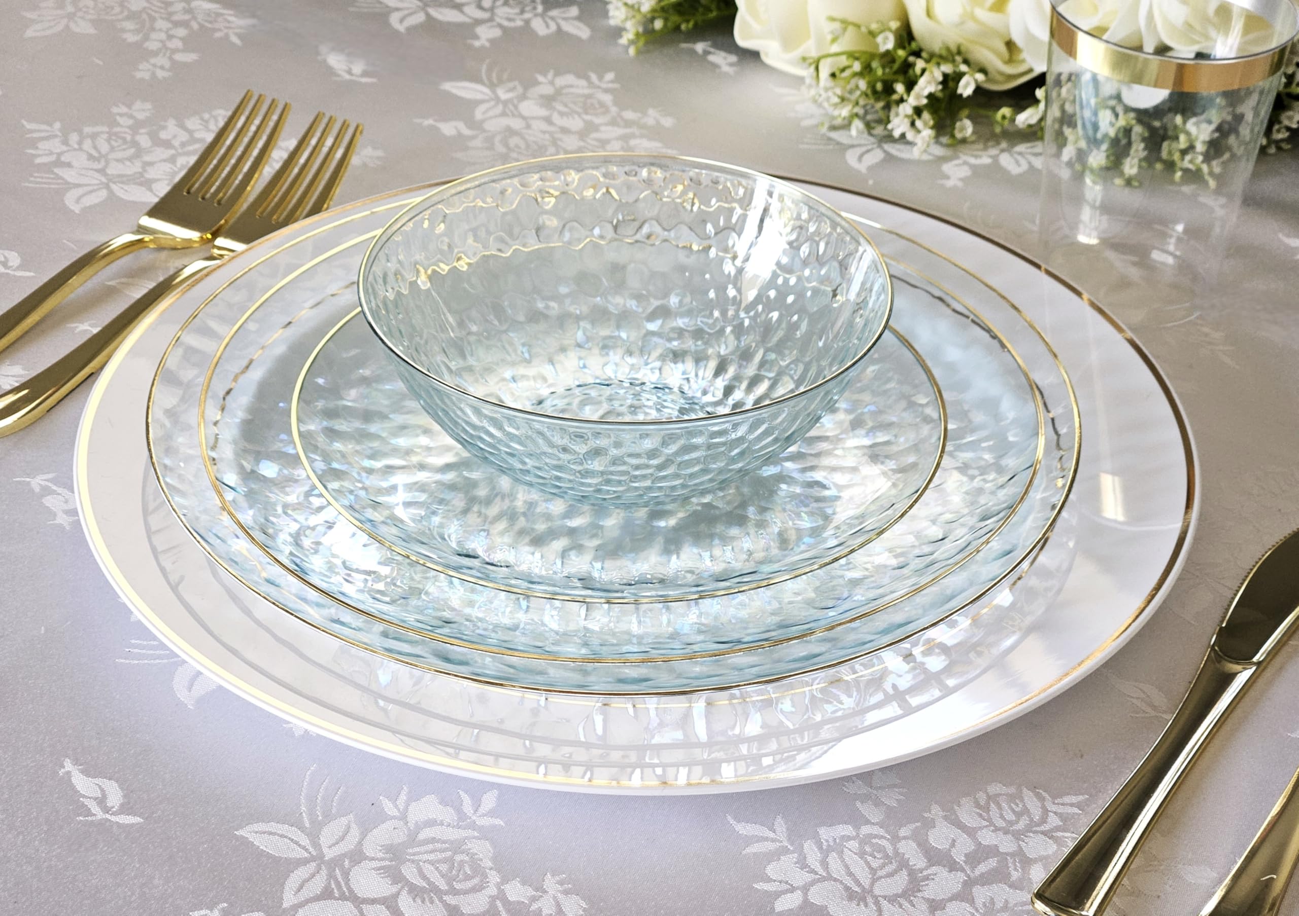 120-Pack Disposable Plastic Plates for Wedding & Party - 7'' Appetizer/Dessert Plates in Coastal Clear & Gold | Elegant Dinnerware for Bridal Showers, Baby Showers & Special Events