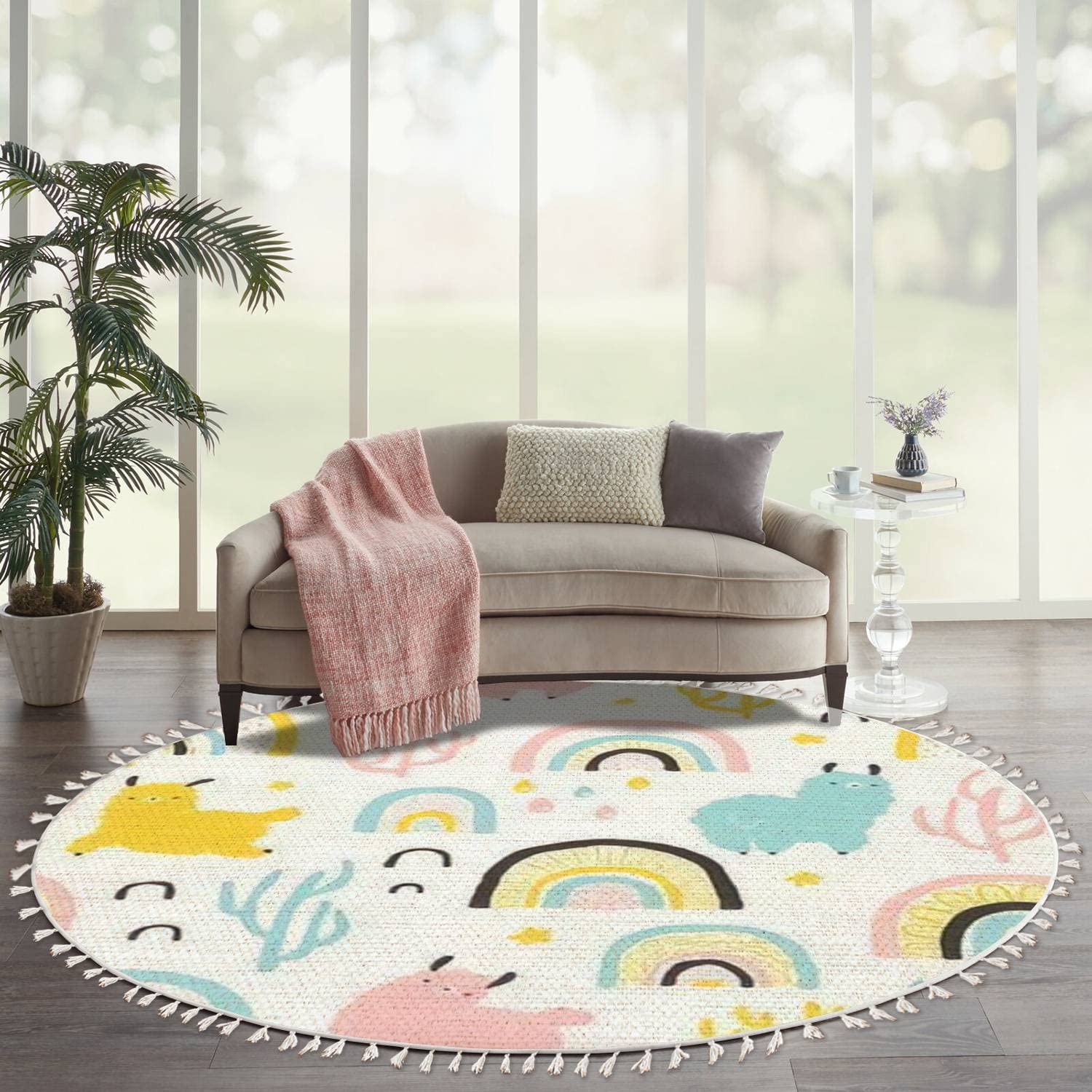 Boho Round Area Rug with Rainbow & Cactus Design - Colorful Cartoon Character Linen Carpet for Patio, Hallway Runner, Living Room Decor | Minimalist Home & Outdoor Use