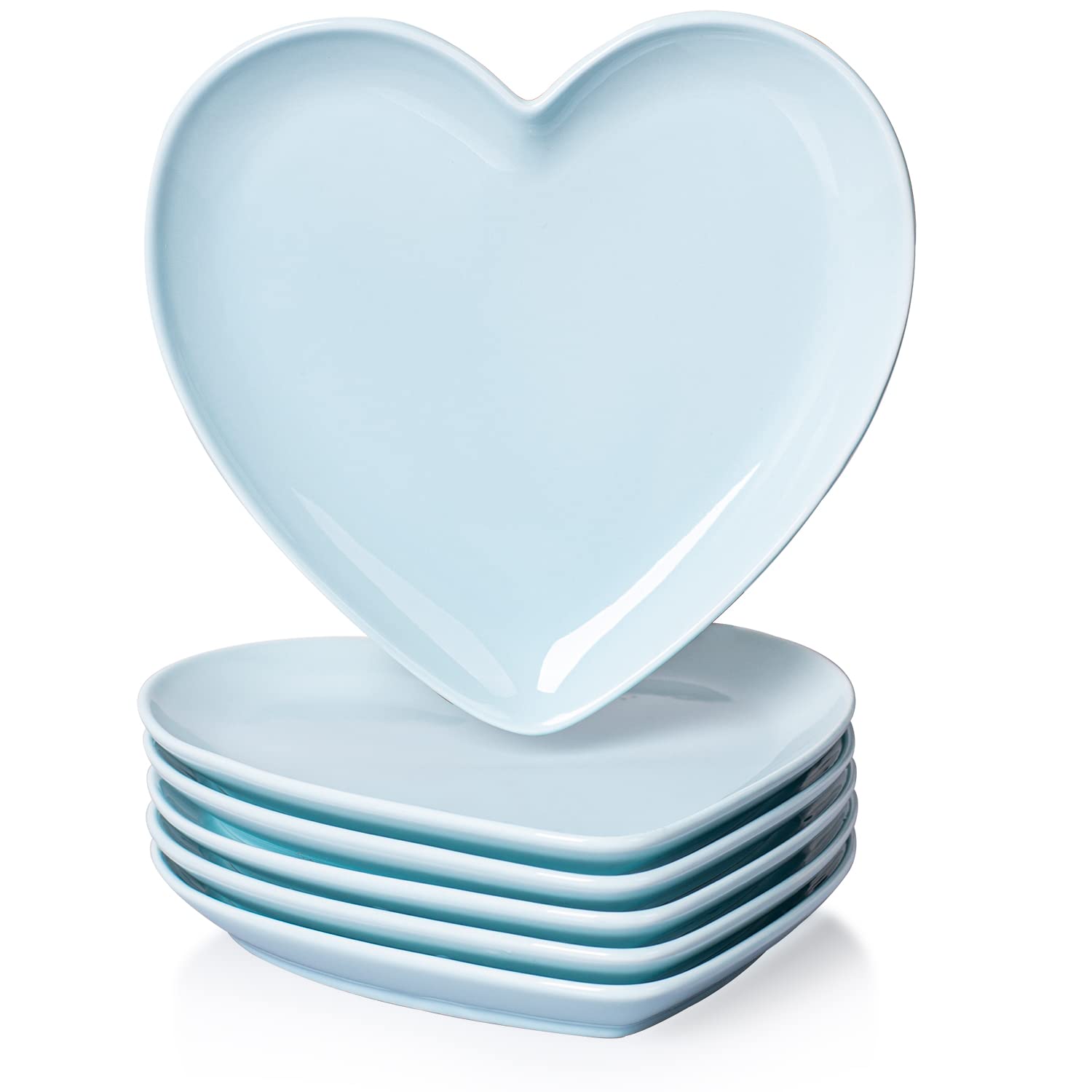 DELLING Heart Shaped Porcelain Dessert Plates - Set of 6, 7.3 Inch Turquoise Ceramic Appetizer & Dinner Plates for Salads, Pasta, Steak, Snacks | Perfect for Valentine's Day, Thanksgiving, Christmas Dinner & Party Serving