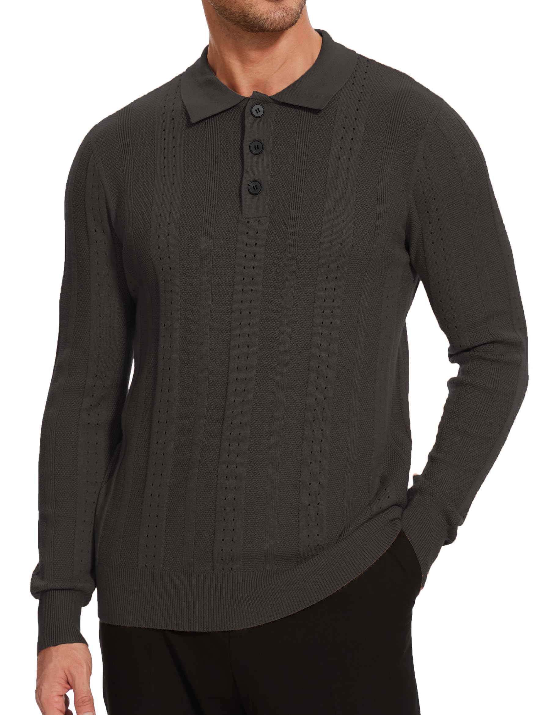 Vintage Cable Knit Sweater Polo for Men - Long Sleeve Textured Collared Shirt | Casual Winter Wear & Office Outfit