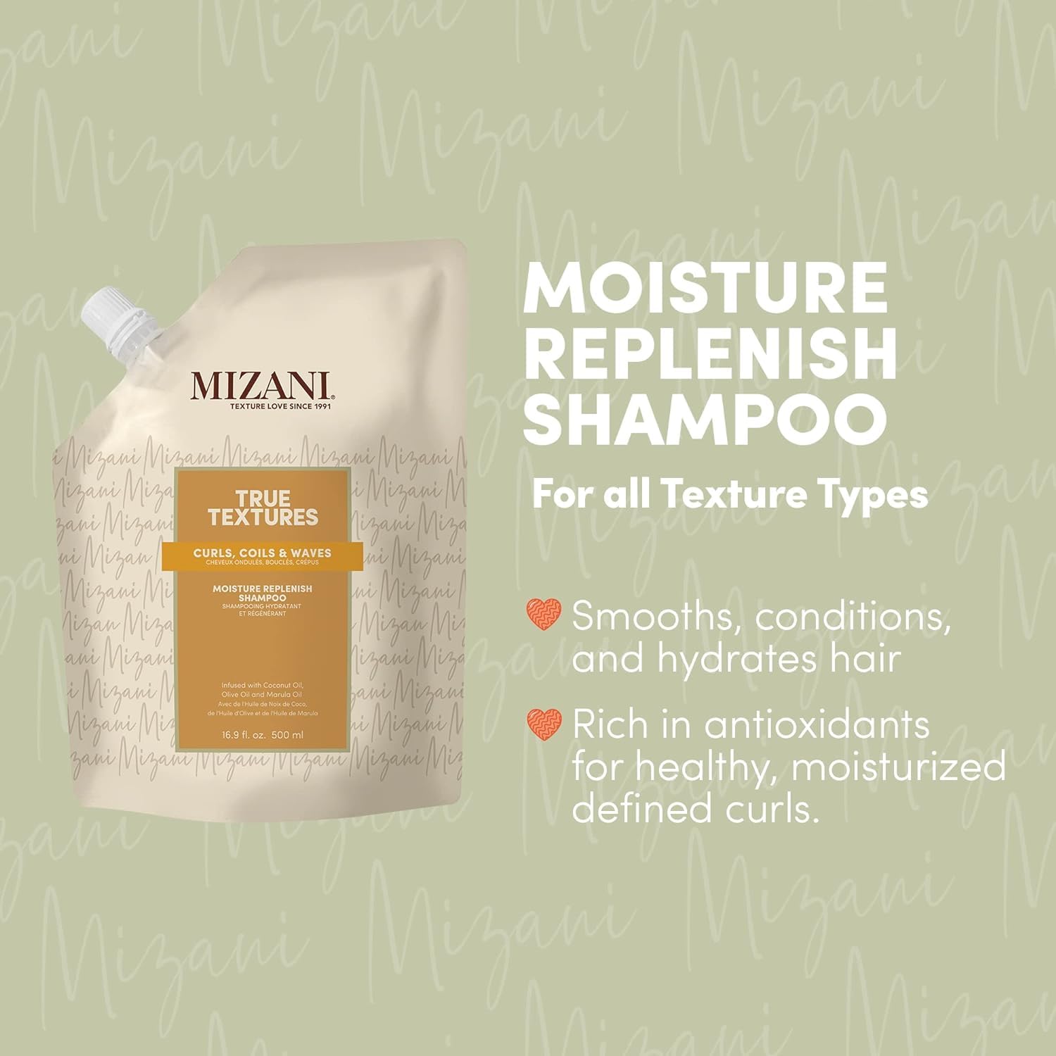 Mizani True Textures Moisture Replenish Shampoo for Curly Hair - Sulfate & Paraben Free with Coconut Oil - Smooths & Hydrates Dry Hair - Perfect for Daily Wash & Curl Definition