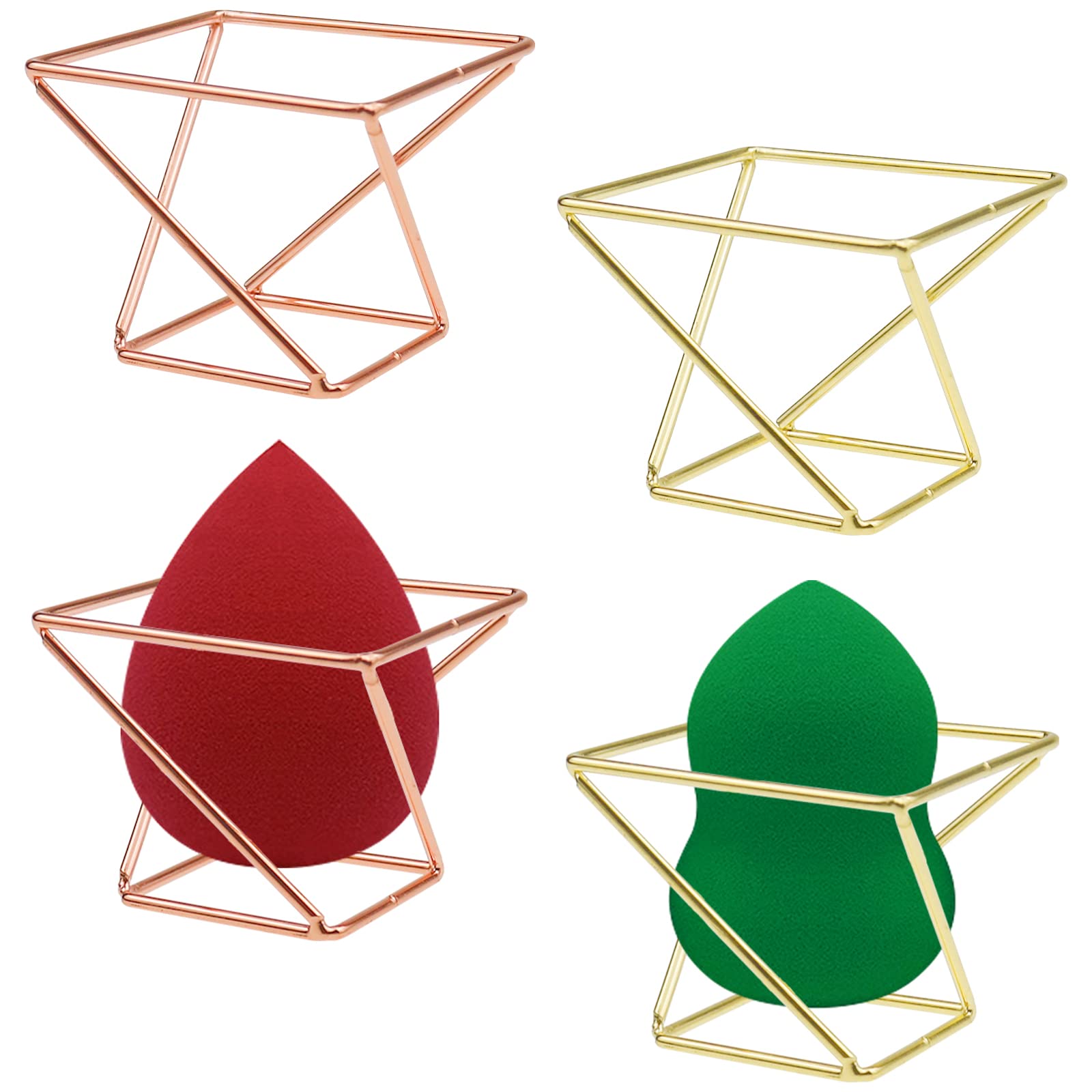 4 Pcs Makeup Sponge Holder & Blender Drying Rack - Travel Case for Beauty Blender & Egg Powder Puff - Gold & Rose Gold Vanity Organizer for Dresser, Bathroom & Makeup Studio