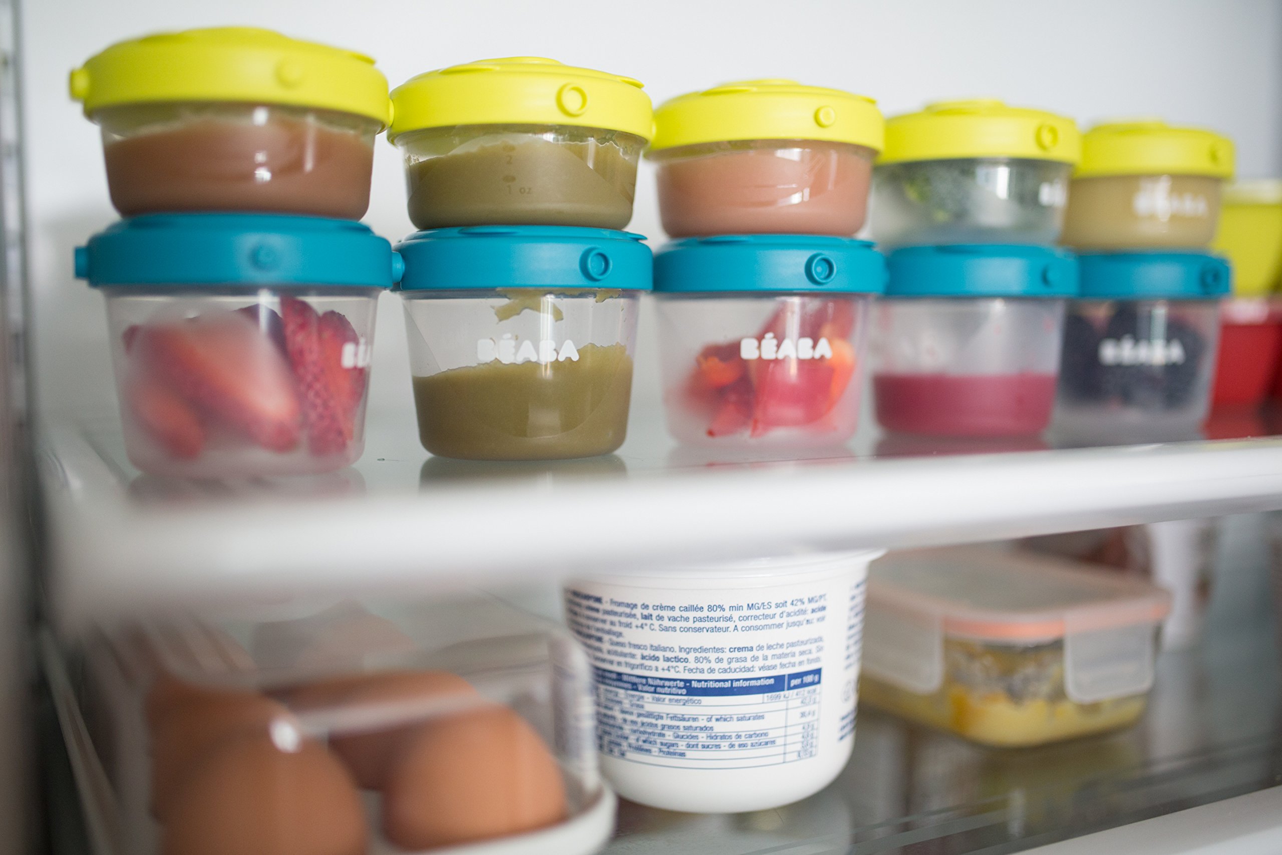 BEABA Clip Containers Set of 6 - 2oz & 4oz Airtight Food Storage Containers for Snacks, Baby Food, and Meal Prep - Perfect for On-the-Go, Lunch Boxes, and Pantry Organization (Peacock Color)