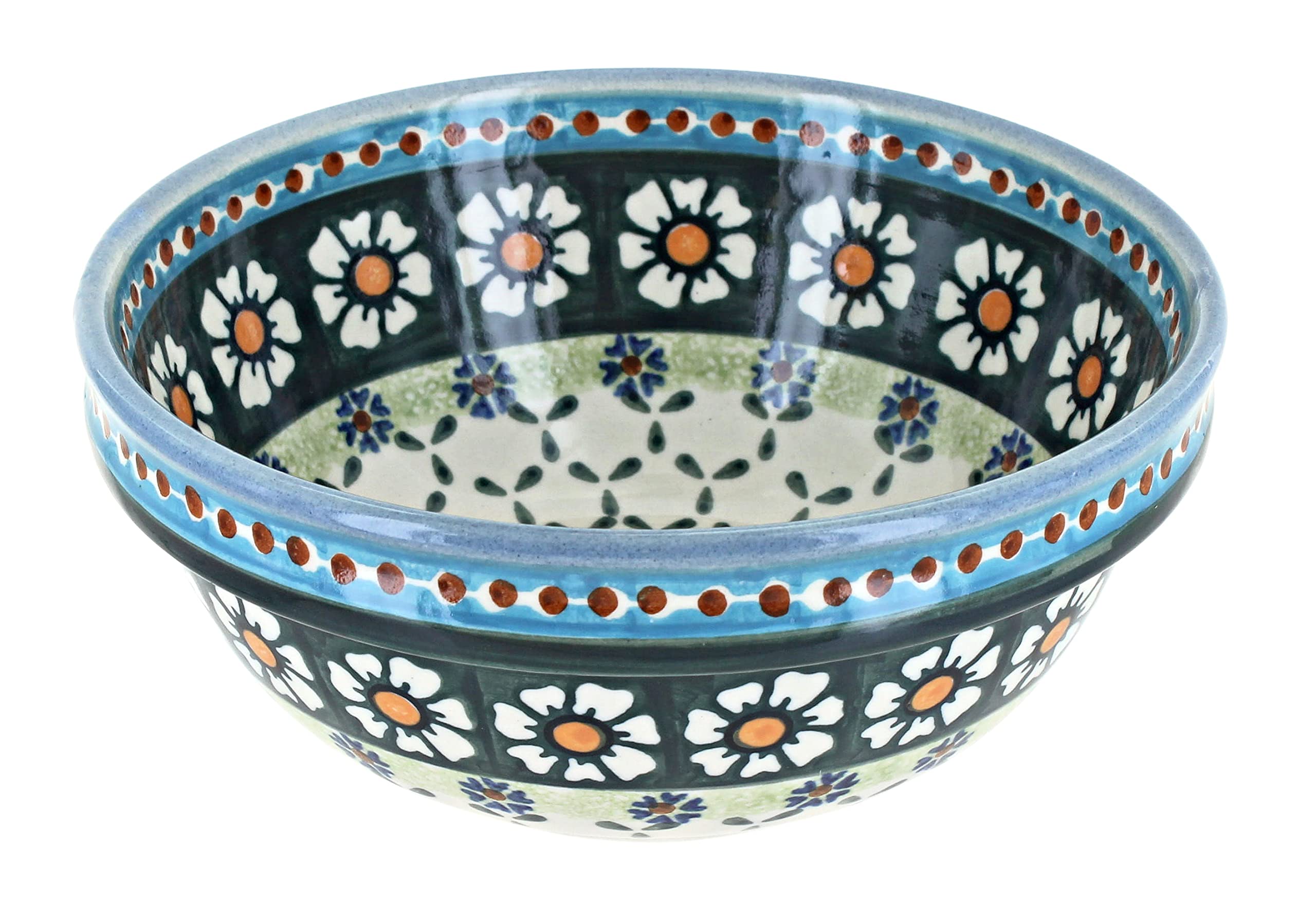 Handmade Blue Rose Polish Pottery Bowl - Country Green Daisy Design - Ceramic Soup & Cereal Bowl for Farmhouse Kitchen Decor - Perfect for Breakfast, Soup, or Display