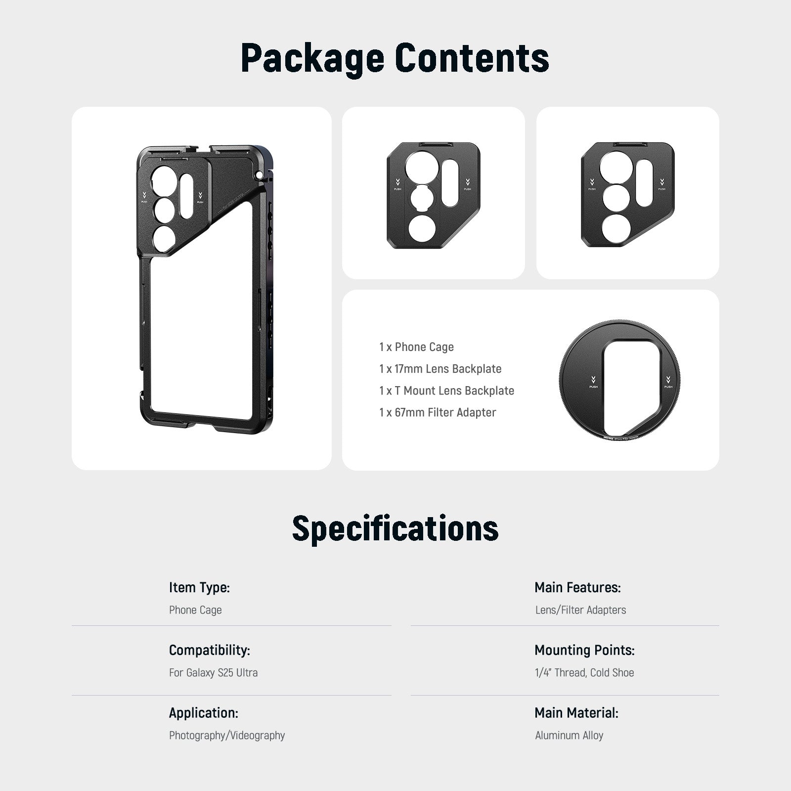 NEEWER PA082 Smartphone Cage for Samsung Galaxy S25 Ultra - Compatible with 67mm Filters, 17mm & T-Mount Adapters - Perfect for Vlogging, Filmmaking & Mobile Photography