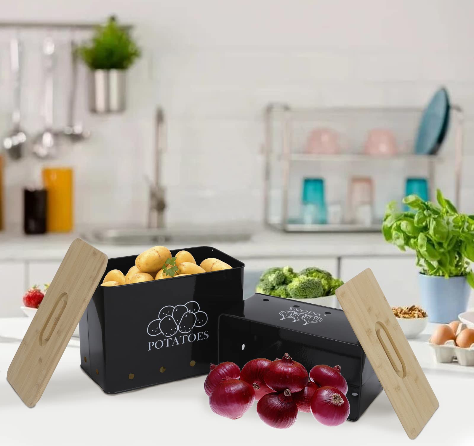 Potato and Onion Storage Box Set of 2 - Airtight Food Containers with Bamboo Lid & Ventilation Holes - Kitchen Vegetable Storage Canisters for Freshness - Perfect for Pantry, Countertop, or Fridge Organization
