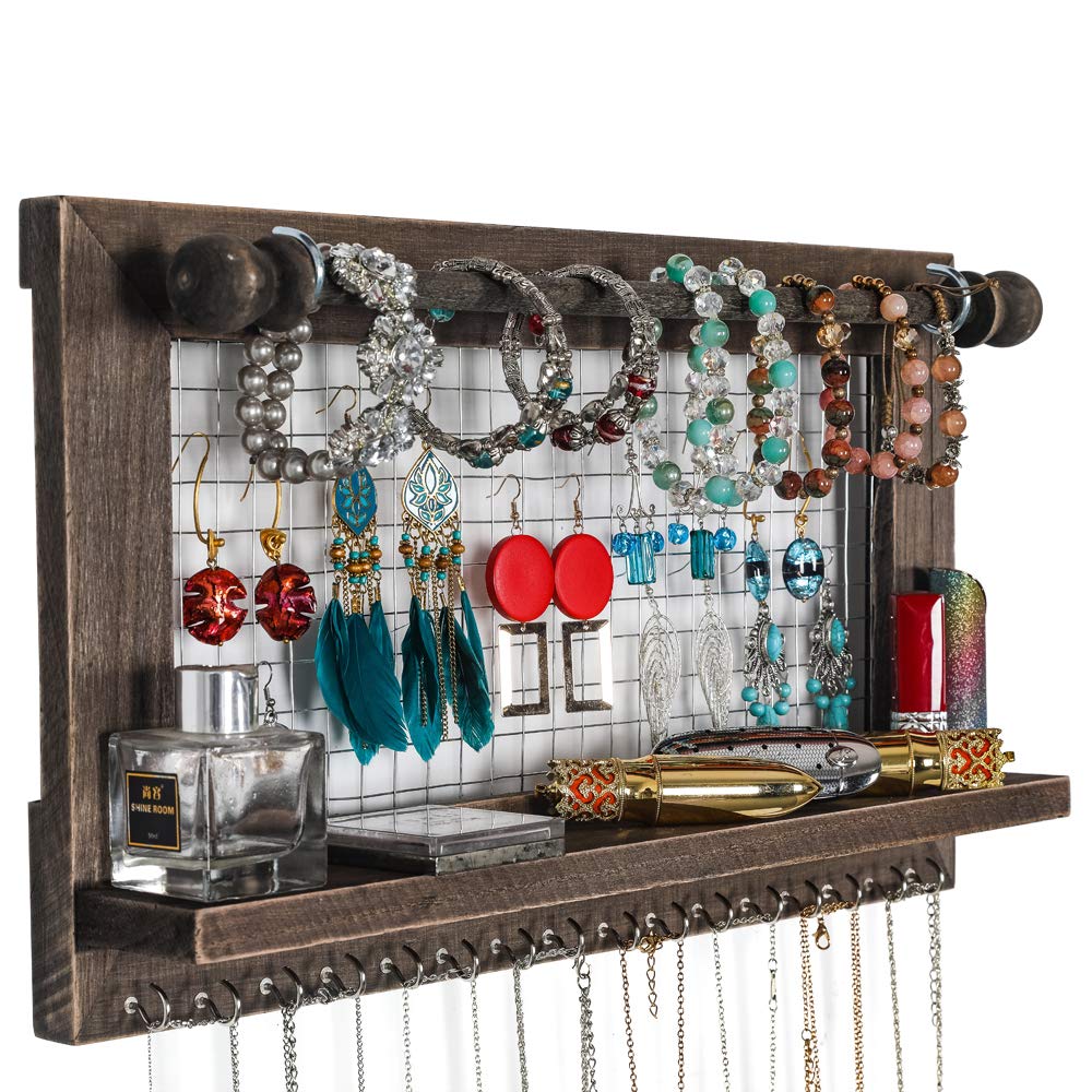 Wall Mounted Jewelry Organizer with Detachable Bracelet Bar, Shelf & 16 Hooks - Perfect for Earrings, Necklaces & Bracelets - Space Saving Jewelry Display for Bedroom, Closet or Bathroom - Brown Wooden Finish