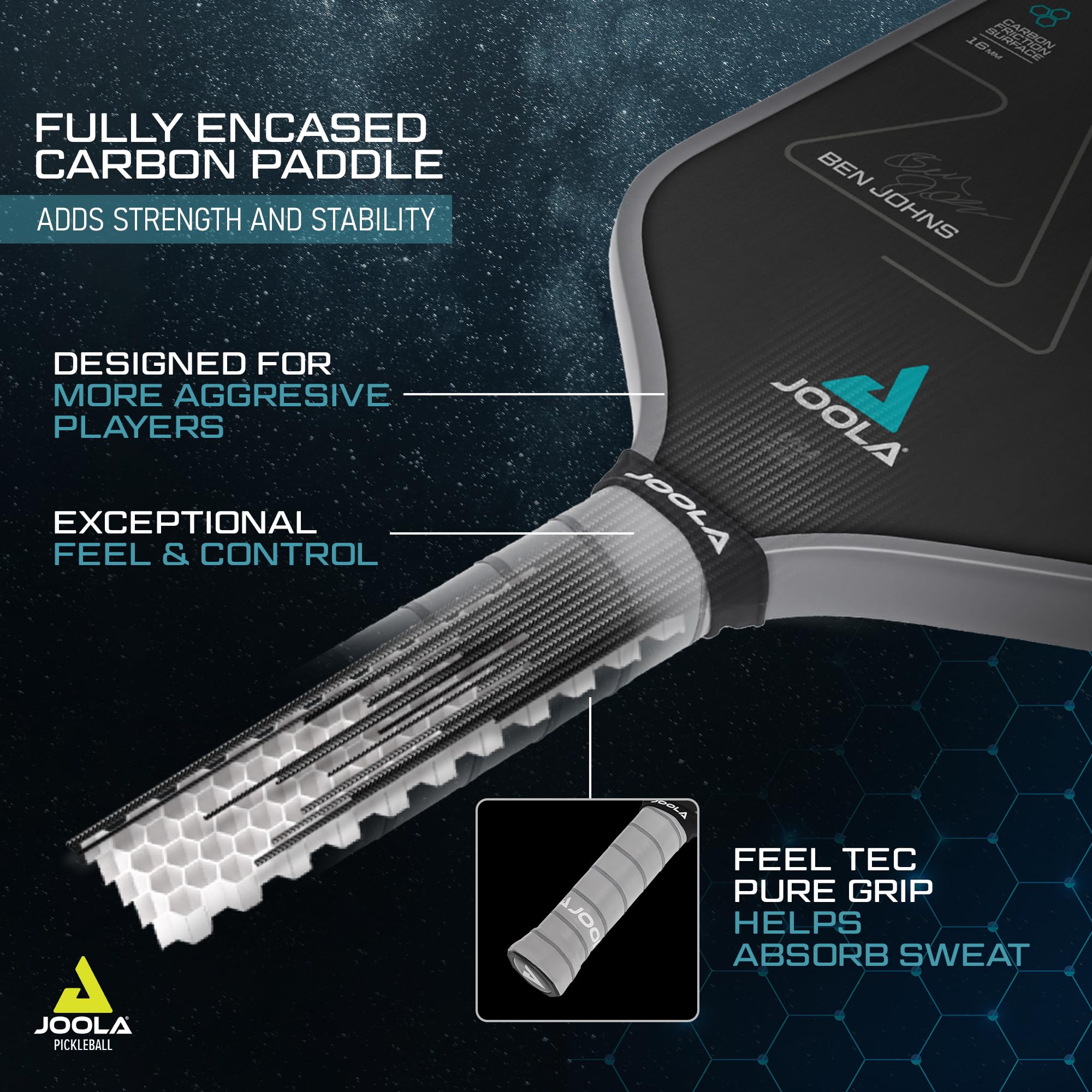 JOOLA Ben Johns Perseus Pickleball Paddle - USAPA Approved Carbon Fiber Paddle with Charged Surface Technology for Power & Control - Larger Sweet Spot for Enhanced Performance - Perfect for Competitive Play & Recreational Pickleball Games