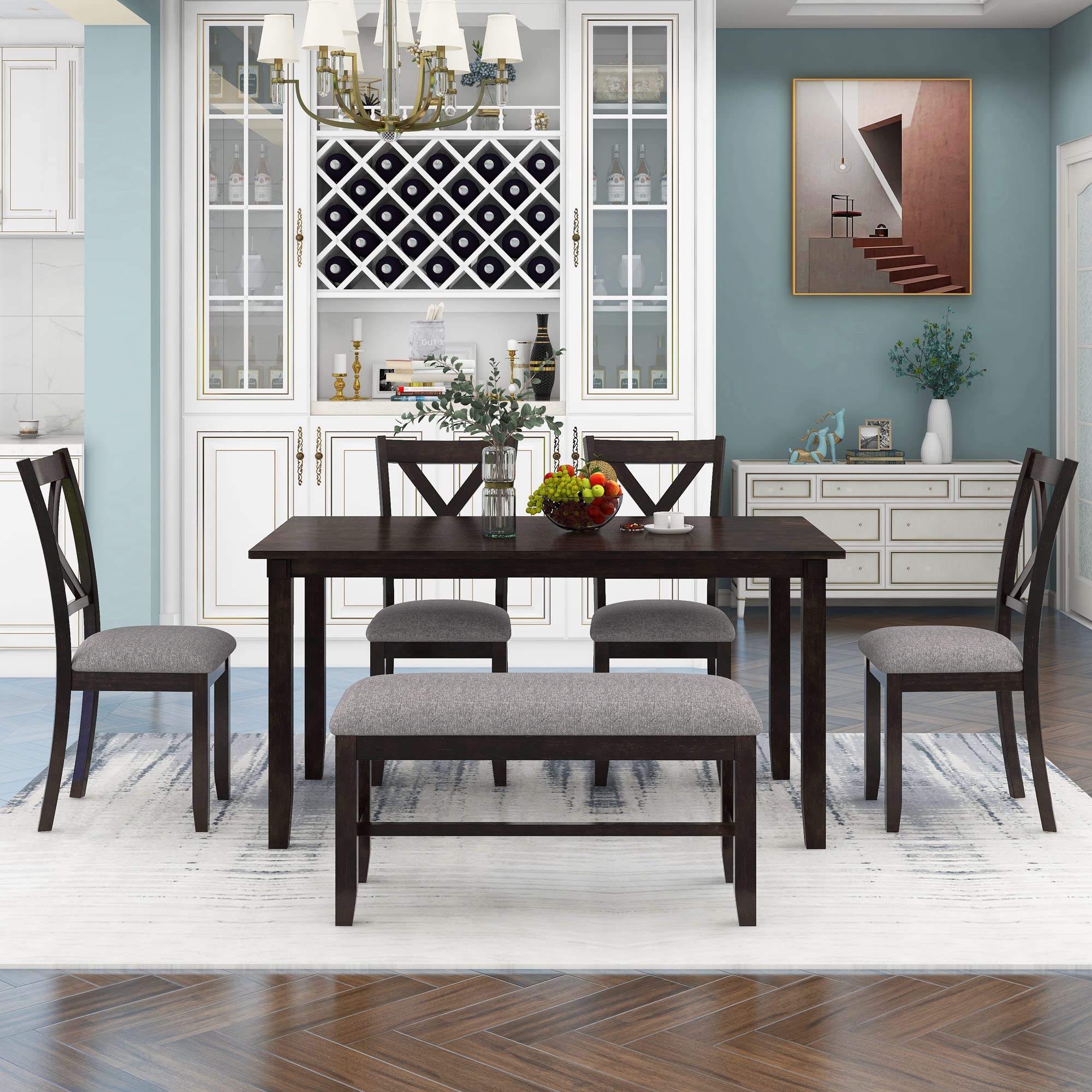LZ LEISURE ZONE 6-Piece Dining Table Set with Bench - Kitchen & Dining Room Furniture in Espresso & Grey - Perfect for Home, Restaurant, and Small Space Entertaining