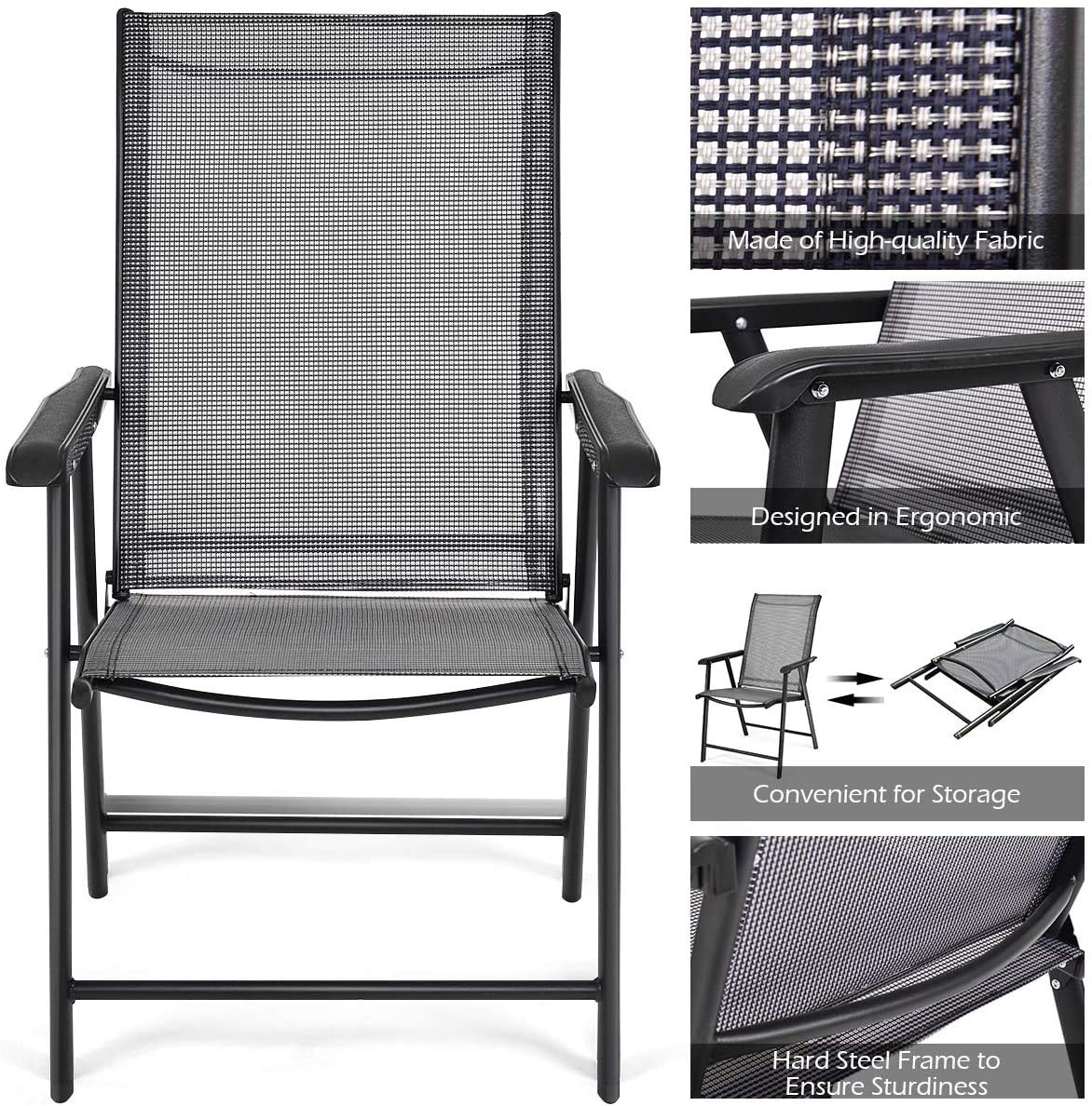 Foldable Patio Chairs Set of 4 - Portable Indoor & Outdoor Lounge Chairs with Armrests & Footrest - Durable Metal Frame & Breathable Fabric for Dining, Lawn, Garden, Backyard, Poolside - Perfect for Relaxing, Sunbathing & Outdoor Entertaining