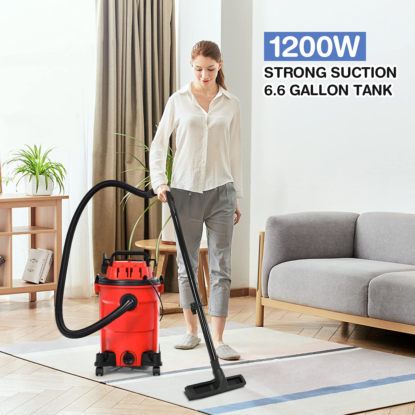 COSTWAY 3-in-1 Wet/Dry Vacuum Cleaner with Blower | 6.6 Gallon 4.8 HP Powerful Suction | Safety Protection & Portable Design | Ideal for Workshop, Car, Garage & Home Cleaning | 1200W Red Vacuum Cleaner for Heavy Duty Use