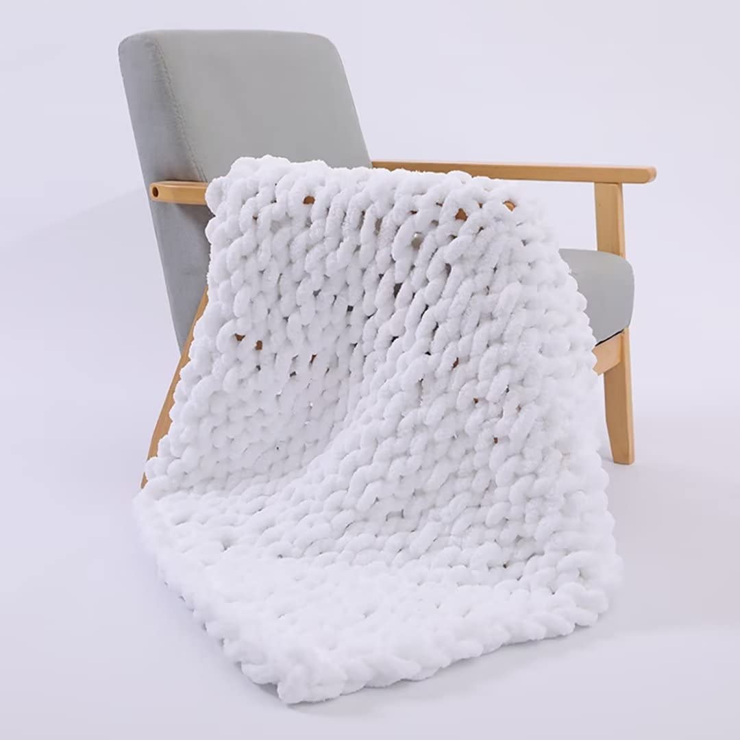 Chenille Decorative Throw Blanket - Super Soft & Cozy Chunky Knit Blanket for Bed, Sofa & Couch - 31x40 Inches White Knitting Throw - Perfect for Living Room, Bedroom & Home Decor