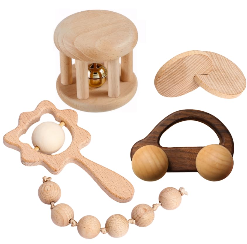 Montessori Wooden Baby Toys Set for 0-6 Months - Wooden Rattles, Grasping Toys, Push Car, Handbells, Interlocking Discs - Perfect Newborn Infant Gifts for Sensory Play & Early Learning