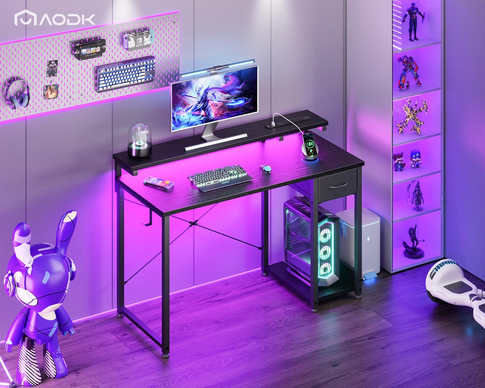 AODK 40 Inch Gaming Desk with LED Lights & Power Outlet - Ergonomic Computer Desk with Drawer, Reversible Design, Monitor Shelf & Headphone Hook - Perfect for Home Office, Streaming & PC Gaming Setup (Black)