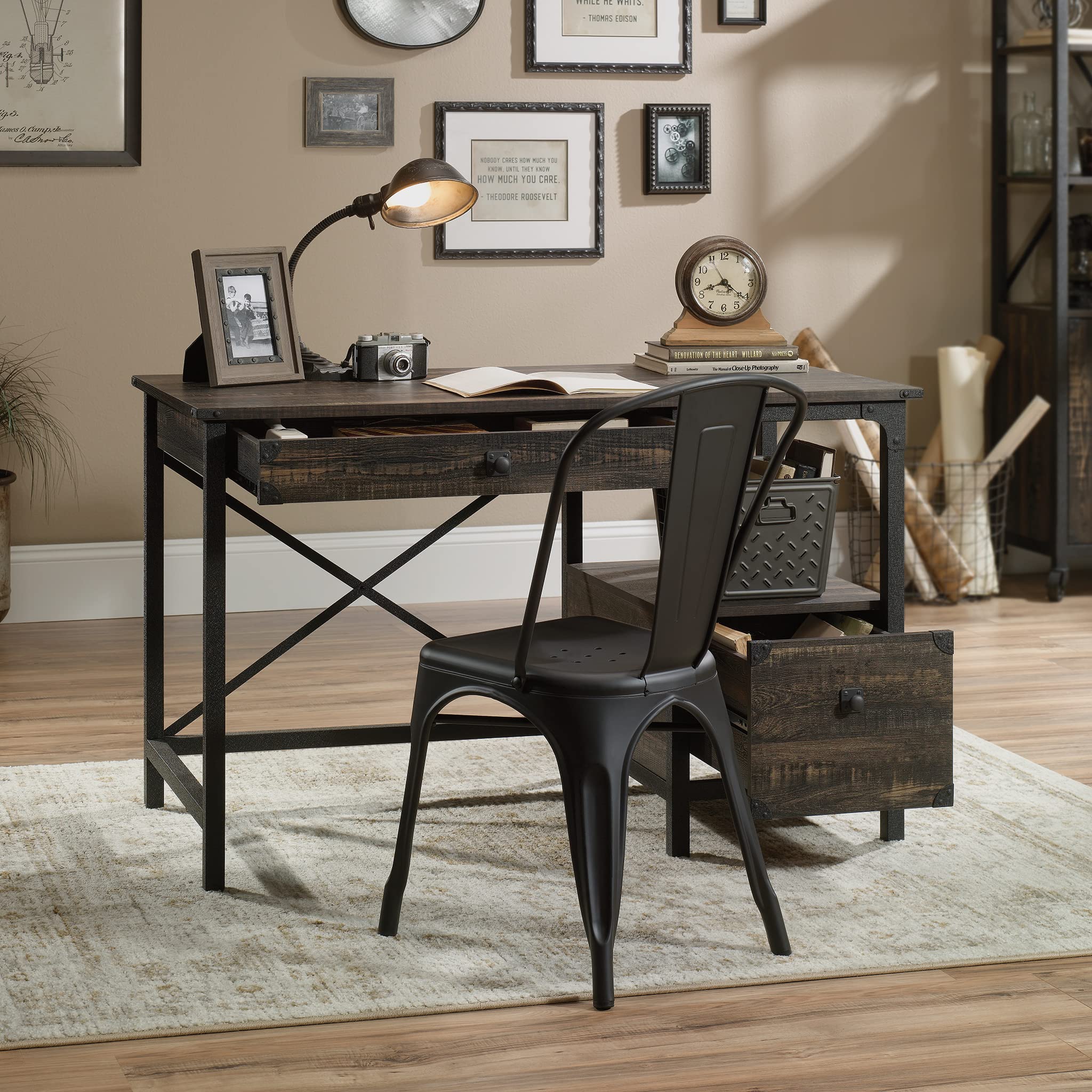 Sauder Steel River Industrial Office Desk with 2 Drawers & Open Shelf - Carbon Oak Finish - Perfect for Home Office & Workspace Organization