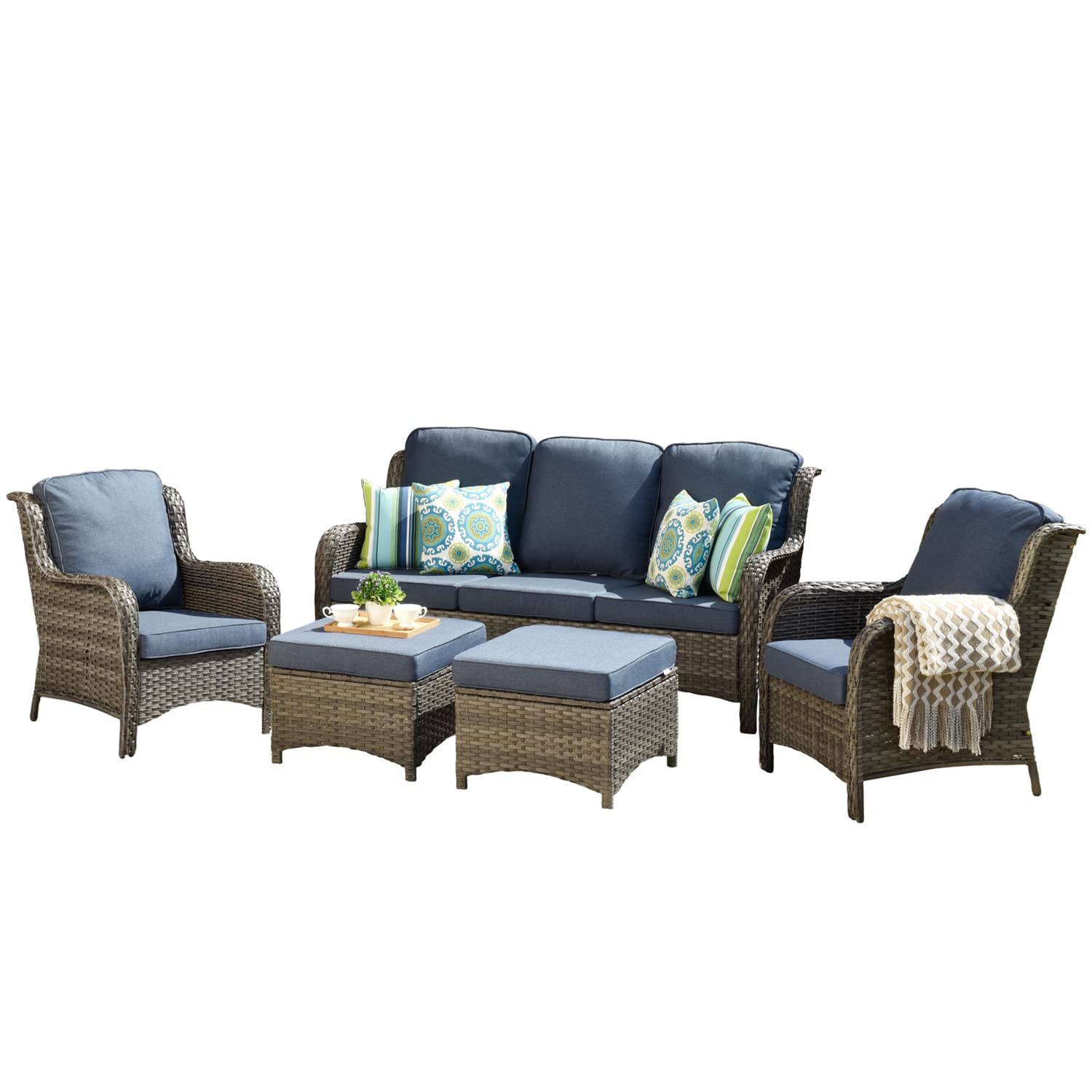 5-Piece All-Weather Wicker Patio Furniture Set - Outdoor Conversation Sofa with 2 Chairs & 2 Ottomans - Grey Wicker & Denim Blue - Perfect for Garden, Backyard, Deck & Poolside Relaxation