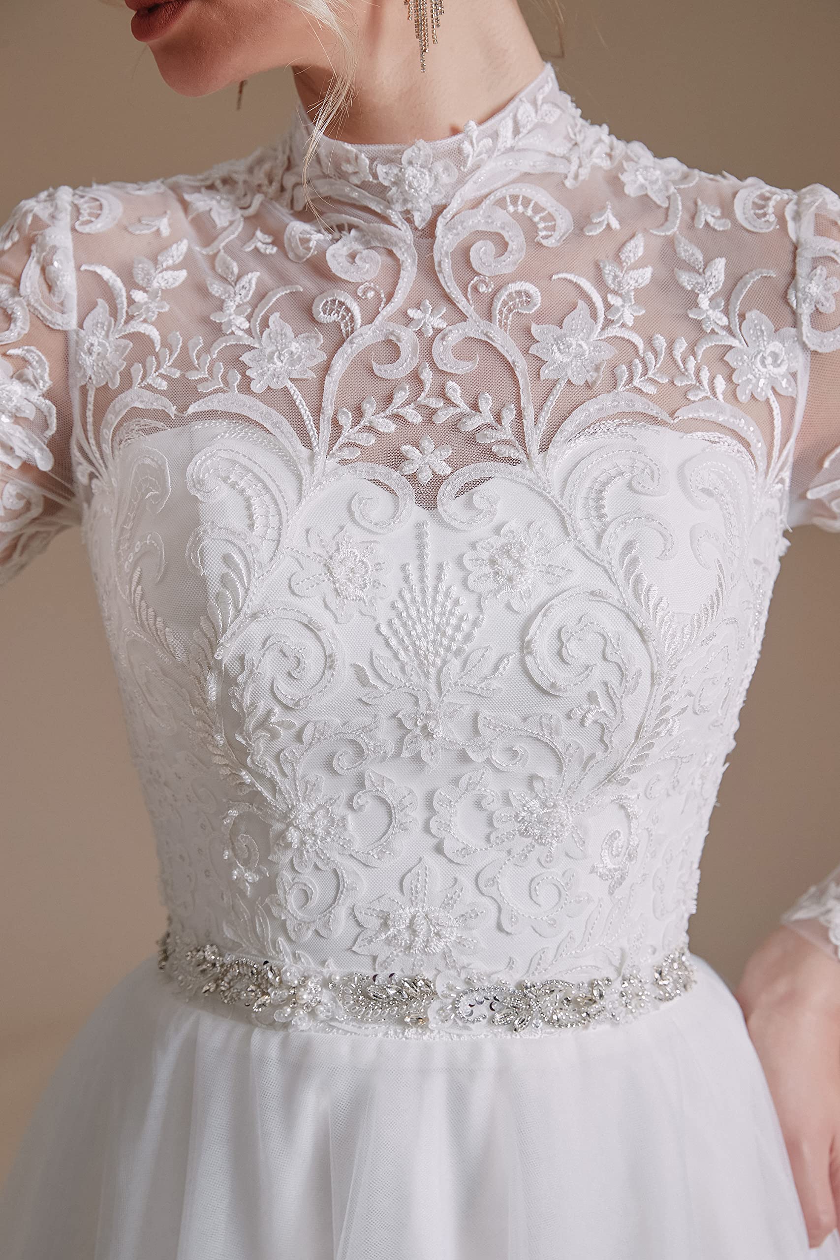 Elegant A-Line Beaded Applique Tulle Wedding Dress for Women - Long Sleeve Bridal Gown for Church, Beach & Garden Ceremonies