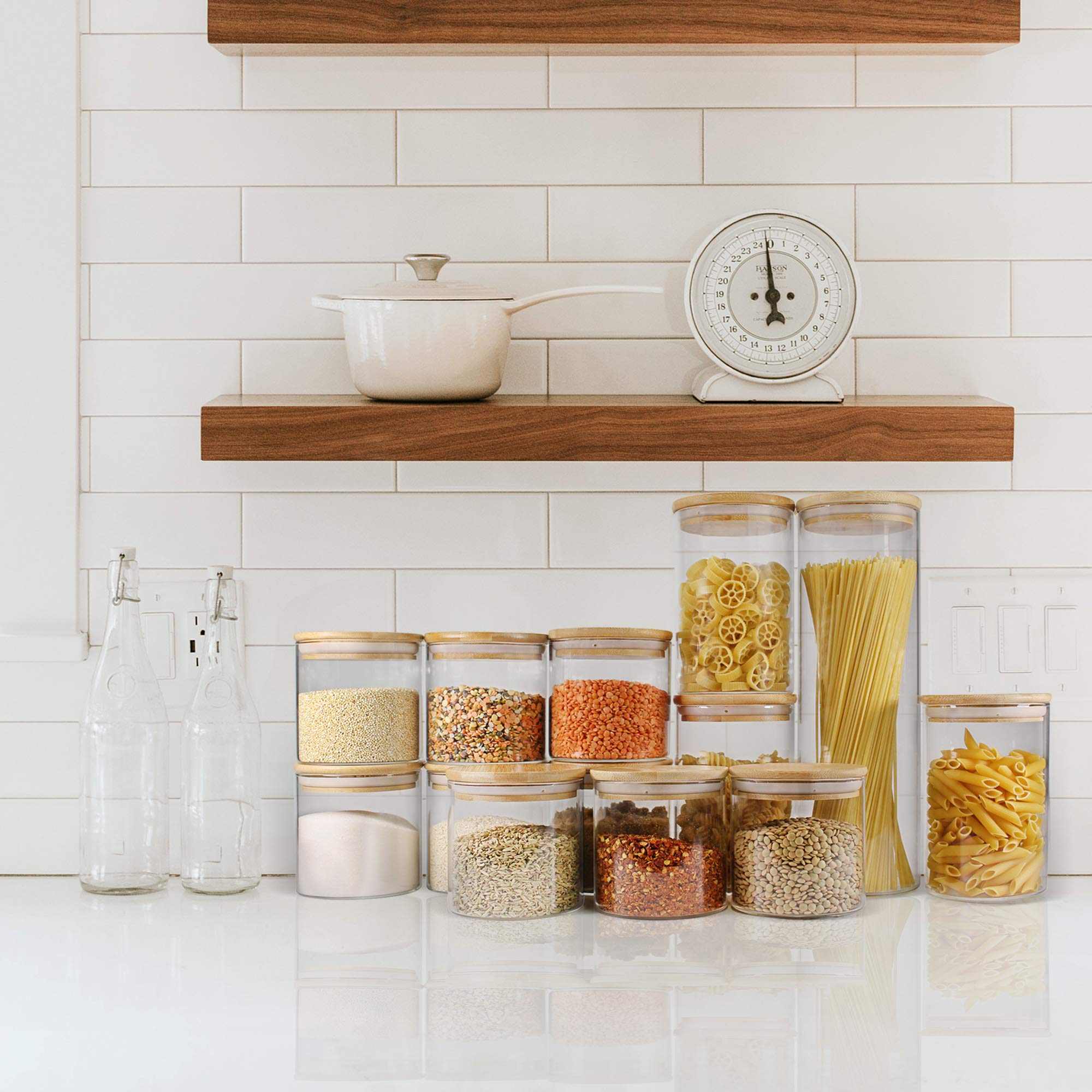 16oz Glass Jars with Bamboo Lids (9-Pack) - Airtight Food Storage Containers for Pantry Organization, Spice Jars, Dry Goods & Kitchen Decor - Perfect for Coffee, Tea, Flour & Sugar Storage