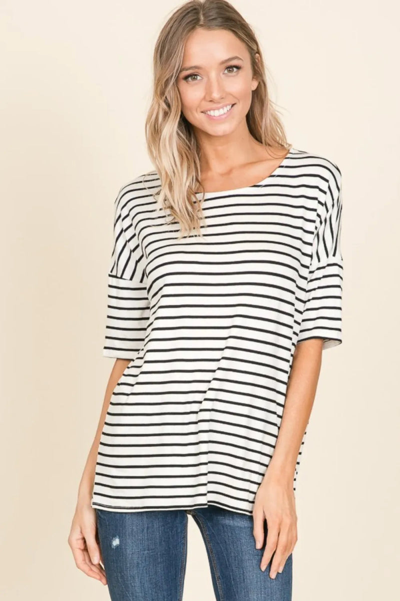 BOMBOM Striped Round Neck T-Shirt for Men & Women | Casual Comfort Fit Cotton Tee | Perfect for Everyday Wear, Outings & Relaxing