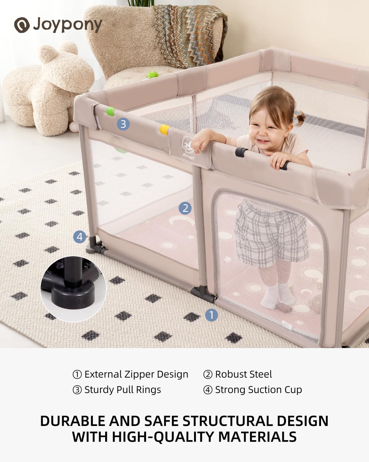 Baby Playpen with Soft Mat - 50x50 Inch Playpen for Infants & Toddlers, Breathable Mesh Play Yard for Indoor & Outdoor Use (Beige) - Perfect for Nursery, Living Room & Backyard Safety