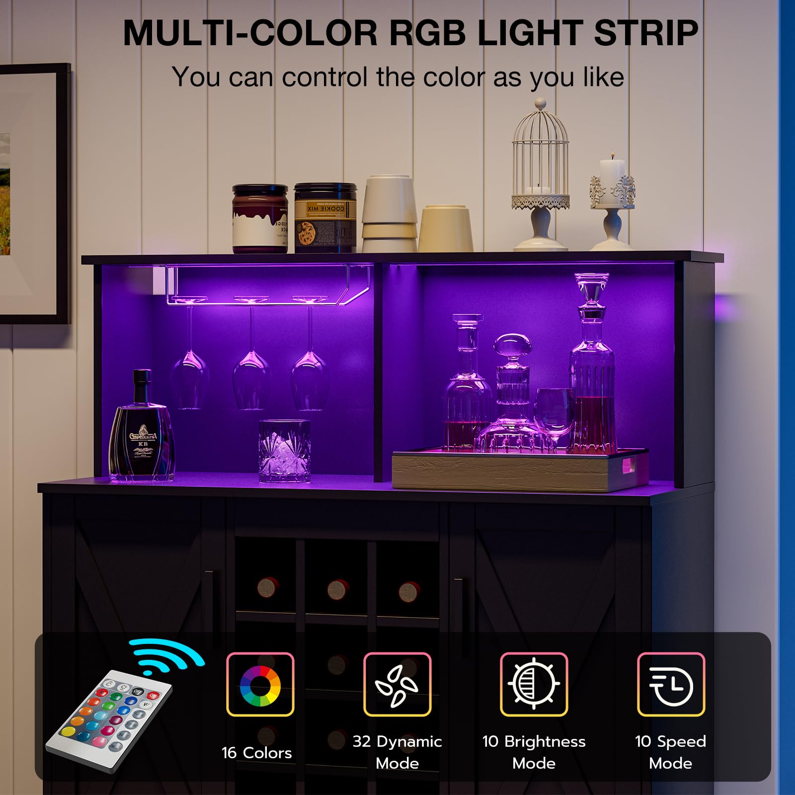 Farmhouse Coffee Bar Cabinet with LED Lights - 39