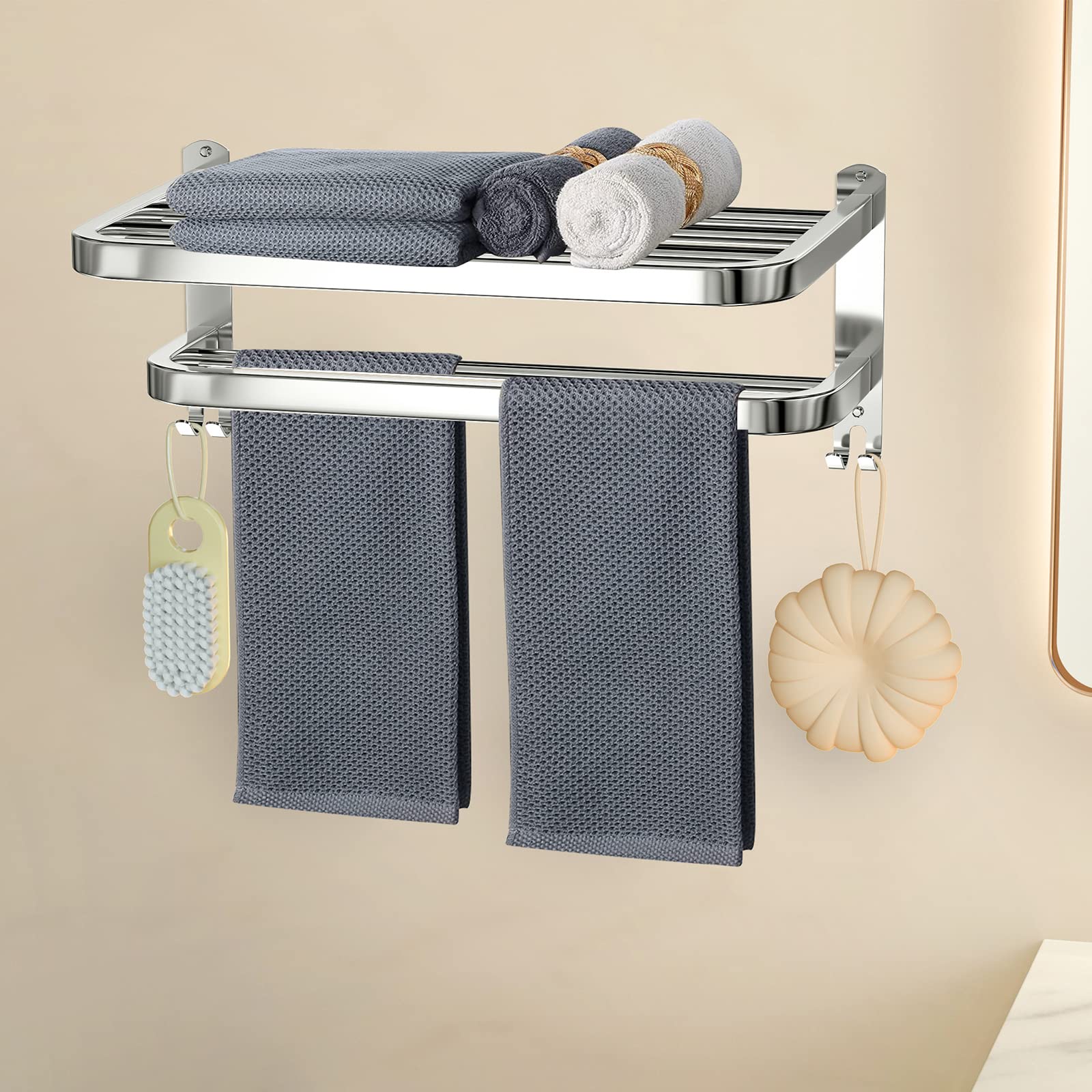 Stainless Steel Bathroom Towel Rack with Double Bars & Hooks - 15 Inch Wall Mounted Shelf for Hotel & Home Bathroom Organization - Perfect for Spa, Guest Rooms & Luxury Bath Decor