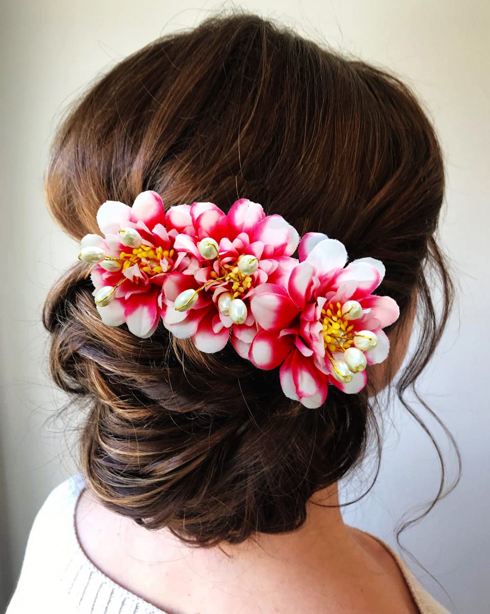 Ansh Artificial Plastic Rose Flower Hair Clip with Pearls Design - Elegant Hair Comb Accessories for Women & Girls | Perfect for Weddings, Parties, Festivals & Special Occasions - Pack of 1 (Style 2285)