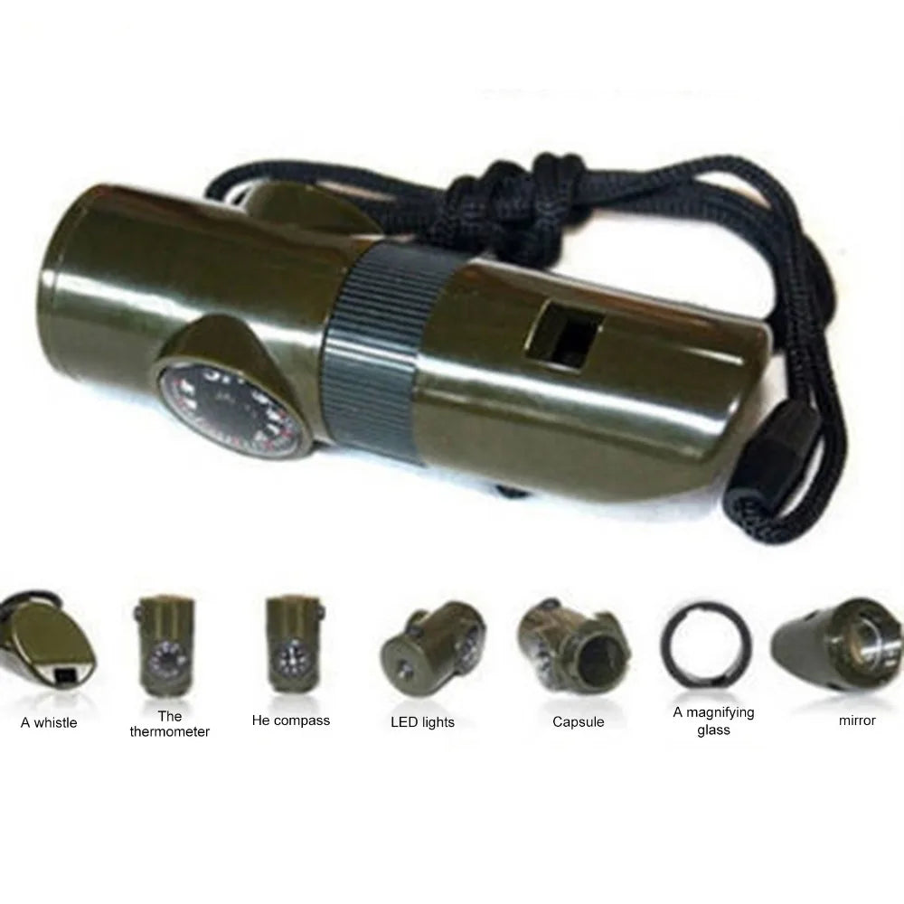 7 in 1 Emergency Survival Whistle - Outdoor Multifunctional Safety Tool with Compass, Thermometer & Fire Starter for Camping, Hiking & Survival Kits