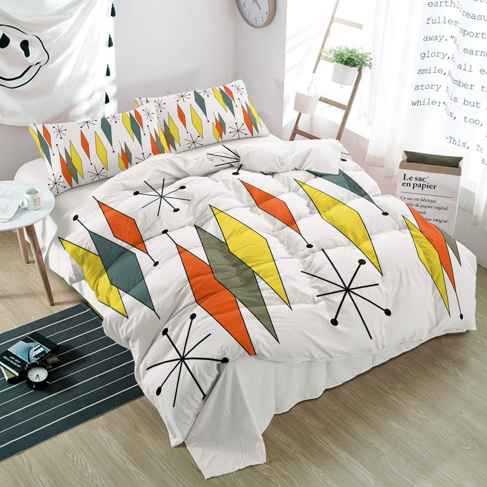 3-Piece Mid Century Orange Color Block Boho Diamond Duvet Cover Set - Ultra Soft Microfiber Quilt Cover & Pillowcases - Abstract Geometric Art Bedding for Queen Size Bed - Perfect for Boho Chic, Modern & Minimalist Bedroom Decor - All Seasons Use