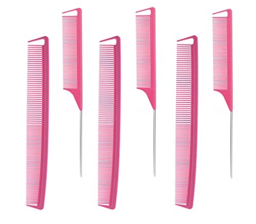 3Pcs Rat Tail Combs & 3Pcs Cutting Combs - Professional Barber Styling Combs for Women & Men, Anti-Static Heat Resistant Hairdressing Combs (Pink, 6Pcs Set) - Perfect for Salon Styling, Hair Cutting & Detangling