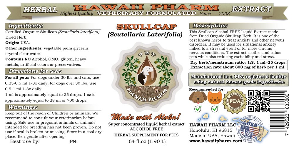 Hawaii Pharm Skullcap Alcohol-Free Liquid Extract for Pets - 64 oz Veterinary Herbal Supplement for Dogs & Cats - Supports Calmness & Anxiety Relief - Natural Pet Remedy for Stress, Travel & Grooming