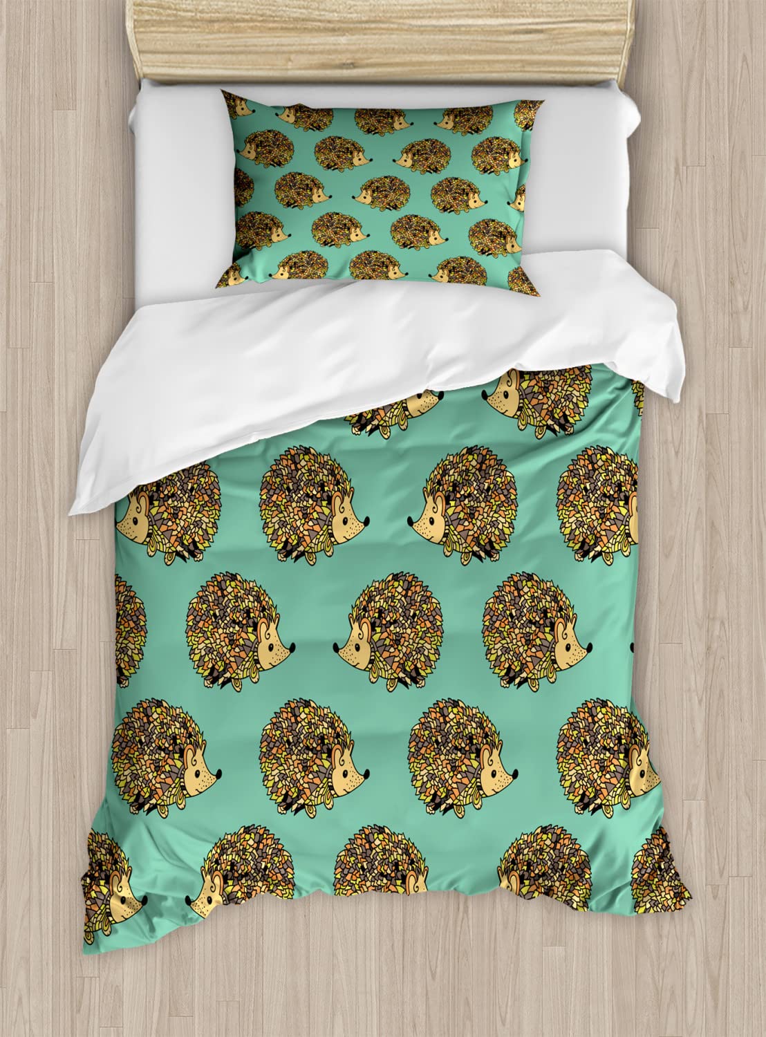 Ambesonne Hedgehog Duvet Cover Set - Abstract Animal Design Cartoon Style with Funny Faces, 2-Piece Twin Size Bedding Set (Duvet Cover + Pillowcase), Sea Green Multicolor - Perfect for Kids' Rooms, Dorm Decor & Unique Gift Ideas