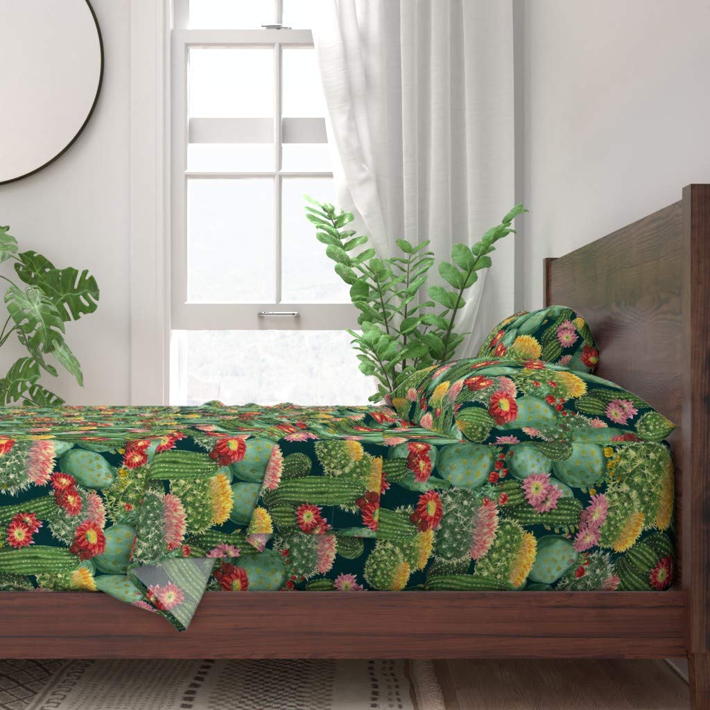 100% Cotton King Size 4-Piece Sheet Set - Cacti, Tropical, Watercolor Floral Botanical Print Bedding | Soft Breathable Sheets for Summer, Home Decor, Guest Room & Master Bedroom