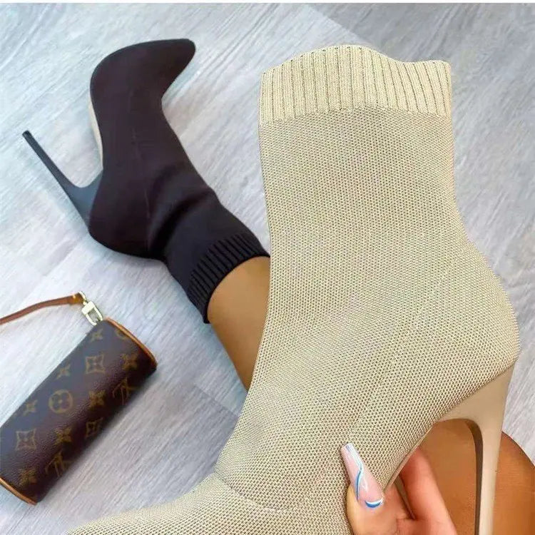 Luxury Women's Beige Sock Boots - Exotic Dancer High Heel Stiletto Boots for Winter Fashion, Stretch Fabric Plus Size Boots - Perfect for Night Out, Club Wear & Evening Parties
