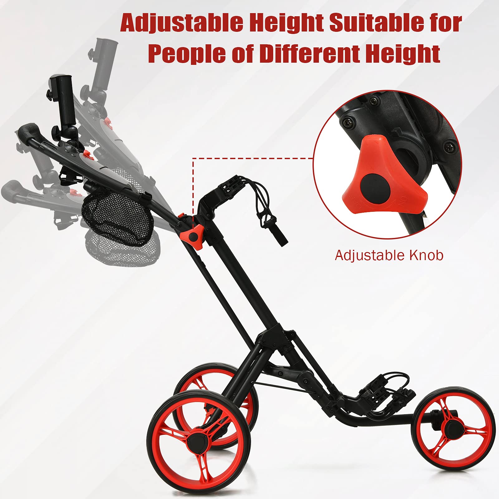 GYMAX 3-Wheel Folding Push Cart - Adjustable Height Lightweight Golf Trolley with Umbrella Holder & Mesh Storage Bag | Quick Open & Fold Design | Perfect for Golf Courses, Shopping, and Outdoor Events