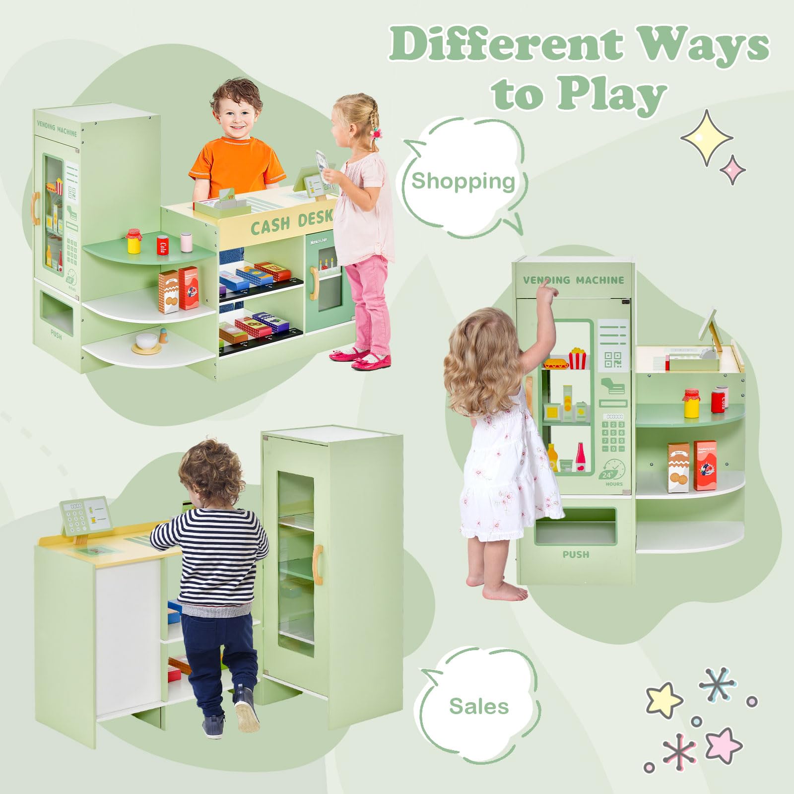 HONEY JOY Wooden Supermarket Playset for Kids - Pretend Play Grocery Store Toy with Cash Register, Vending Machine, Blackboard & Checkout Counter - Educational Role Play Toy for Toddler Boys & Girls (Green) | Perfect for Home, Classroom & Daycare Pretend Play Activities