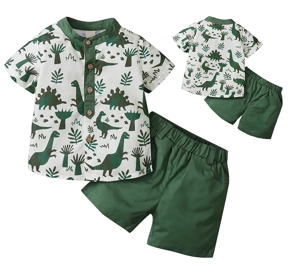 Stylish Green Dinosaurs Printed Toddler Boys Henley Shirt & Shorts 2-Piece Outfit - Soft Cotton Summer Clothes for Playdates, Daycare & Outdoor Adventures