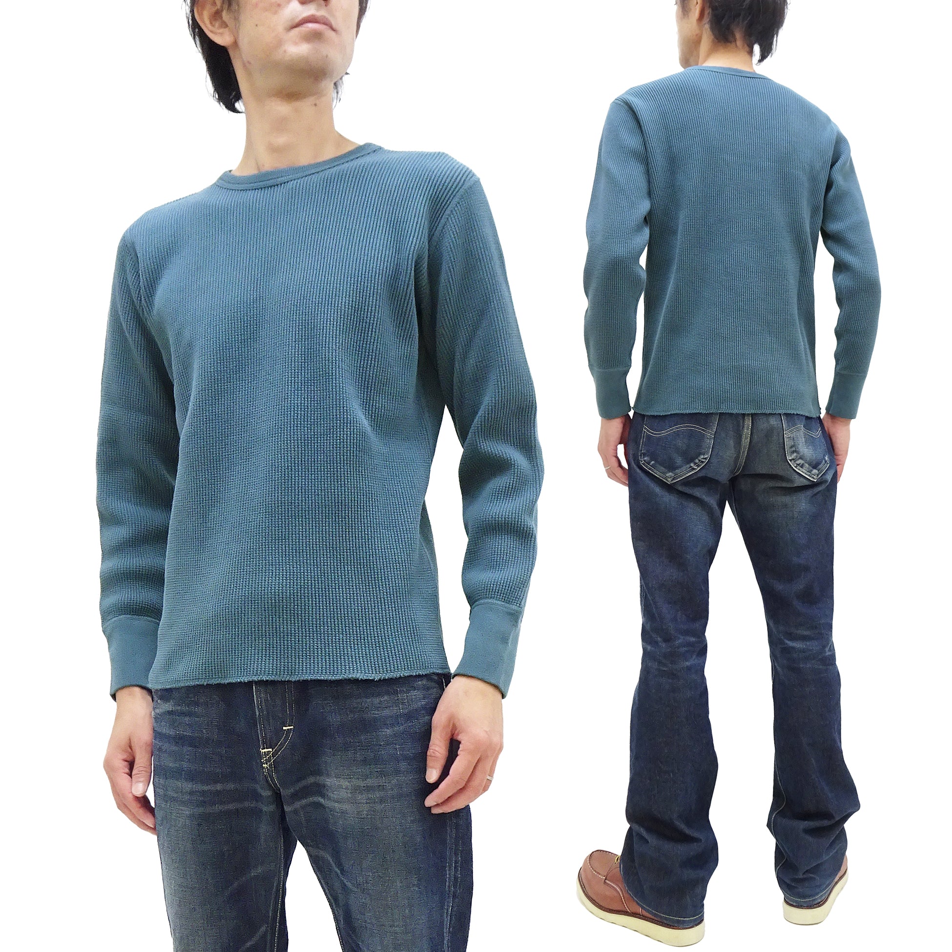 Studio D'artisan Men's Waffle Knit Thermal T-Shirt - Heavyweight Long Sleeve Crew Neck Casual Tee in Faded Blue (Style 9936) | Perfect for Winter Layering, Outdoor Activities & Everyday Wear