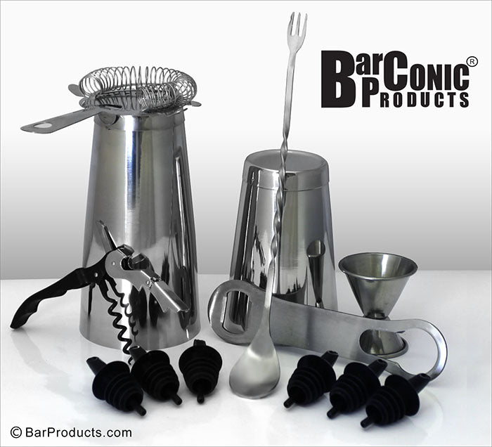 BarConic® 13-Piece Premium Stainless Steel Bar Set - Cocktail Shaker, Jigger, Strainer & More for Home Bartending & Entertaining