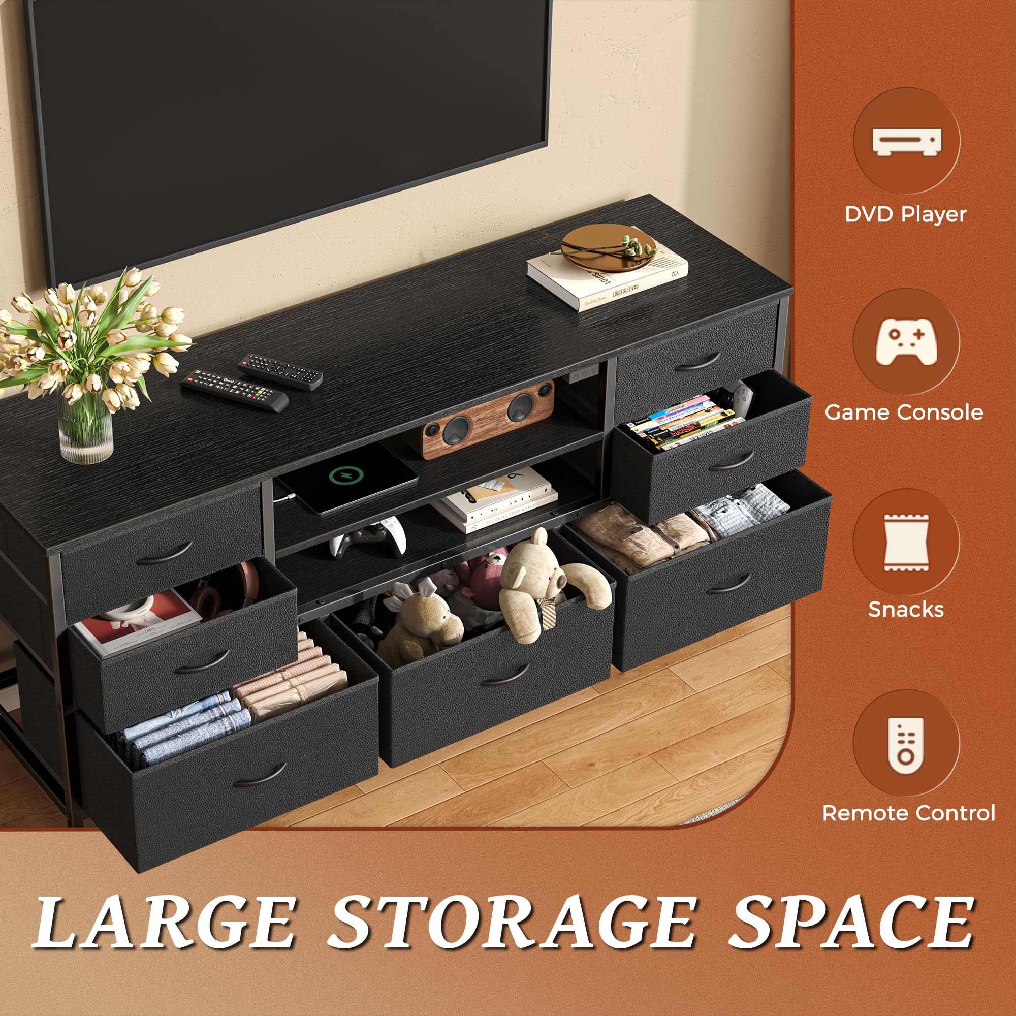 7-Drawer TV Stand Dresser with Power Outlets & LED Lights - 55 Inch TV Console for Bedroom & Living Room