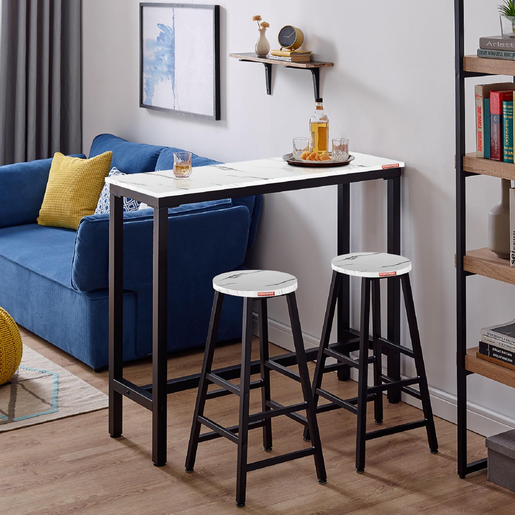 Ironstone 47-Inch White Pub Table - MDF Laminate Marble Top Bar Height Dining Table for Kitchen, Coffee, Writing & Computer Use - Perfect for Small Spaces, Apartments & Indoor Dining Areas