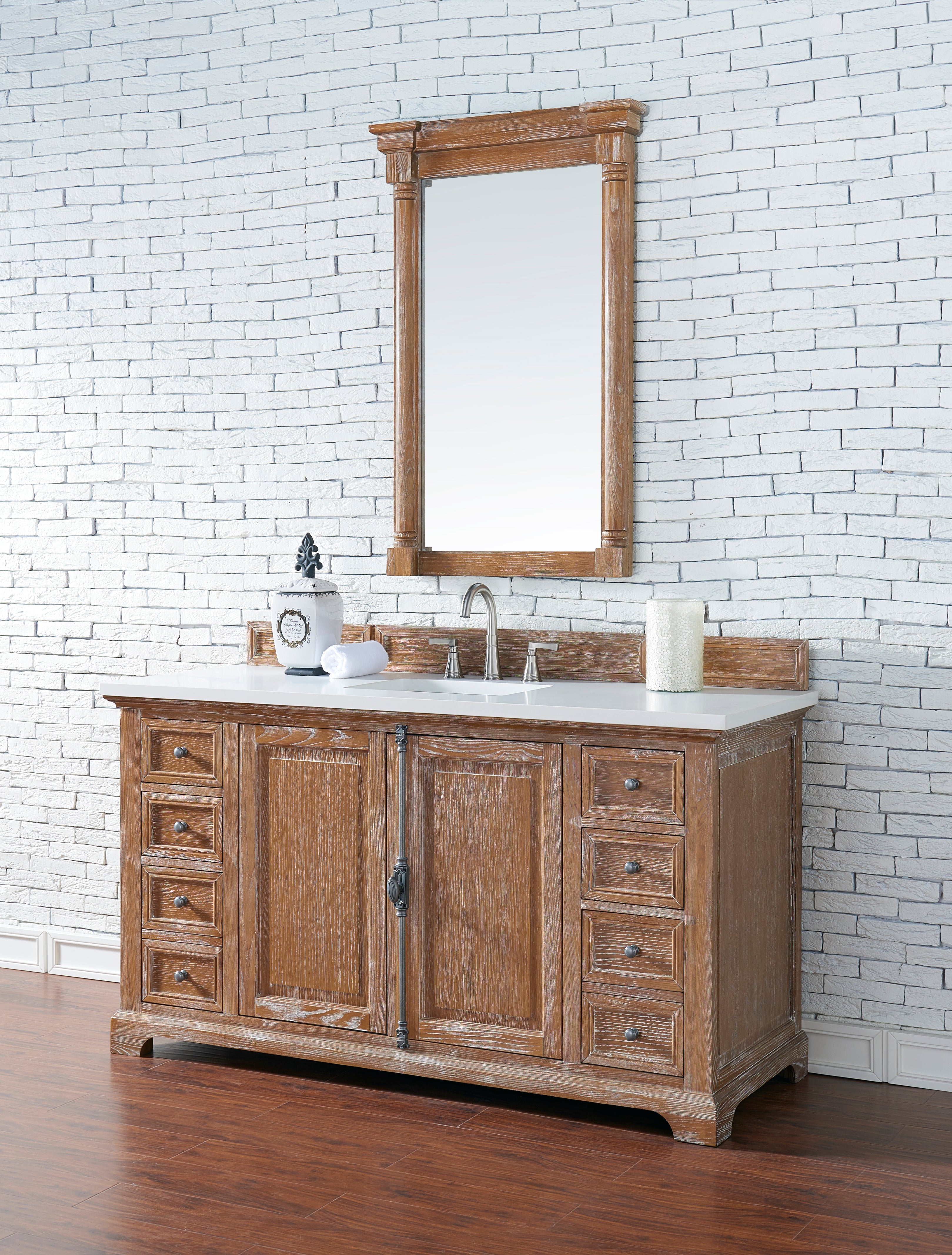 Providence 60 Inch Single Bathroom Vanity Set with Driftwood Cabinet & 3CM White Zeus Quartz Countertop - Perfect for Modern Master Bathrooms & Powder Rooms
