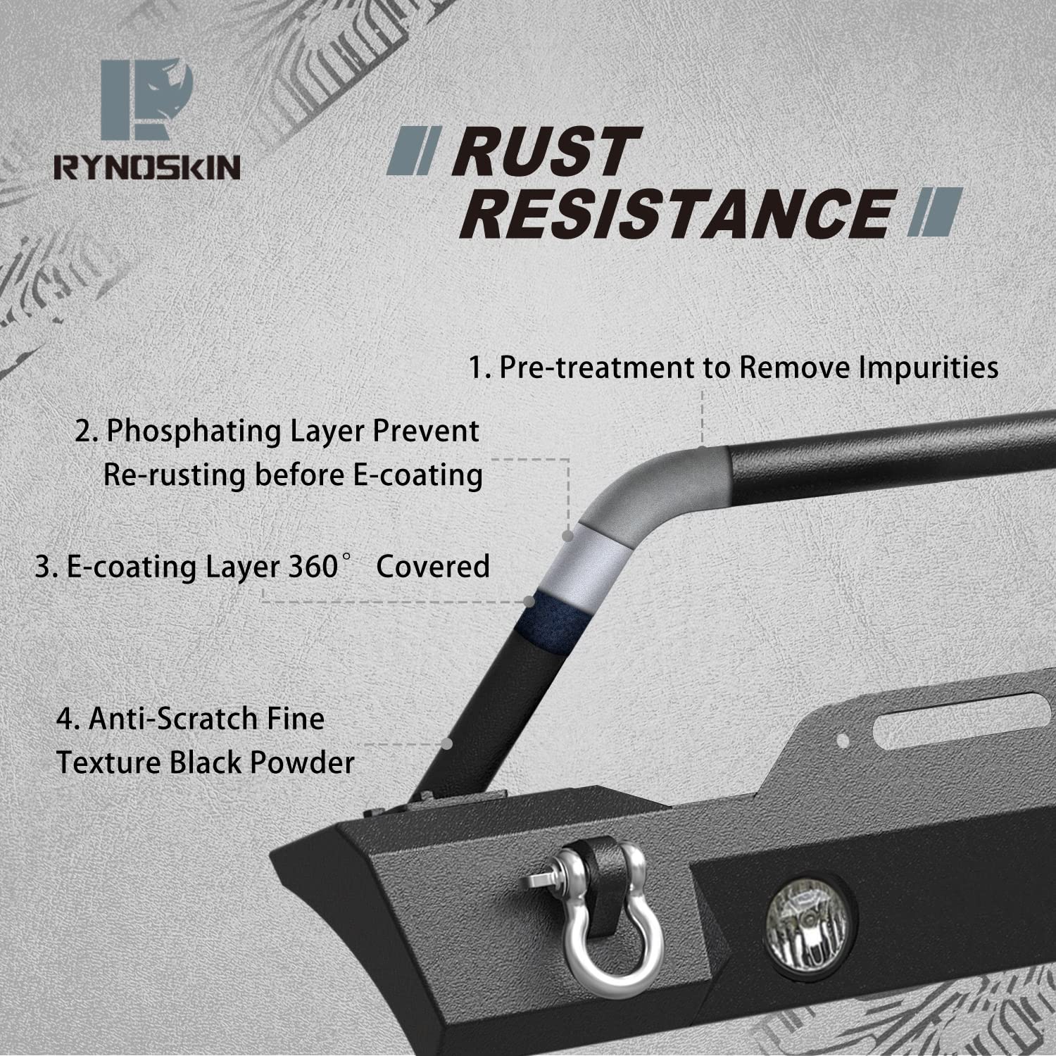 RYNOSKIN Heavy Duty Stubby Front Bumper for 2007-2018 Jeep Wrangler JK, 2018-2025 JL & 2020-2025 Gladiator (Excludes Rubicon/V8) | Fog Light Compatible with D-Ring Shackles | Off-Road Adventure & Trail Riding Upgrade