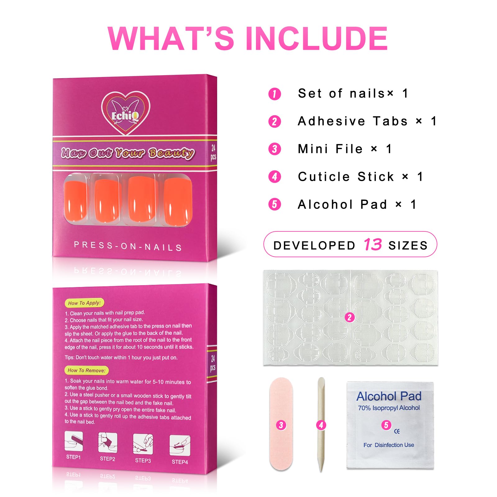 EchiQ Short Square Fake Nails - Natural Shape Glossy Gel Nails in Orange & Pink | Easy to Apply with Adhesive | Perfect for Daily Wear, Work, Parties & Special Occasions