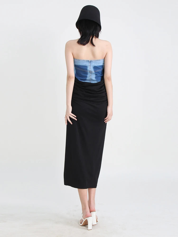 Women's High Waist A-Line Slim Patchwork Denim Skirt - Fashionable Folds & Temperament Design for Casual Outfits, Office Wear & Date Nights