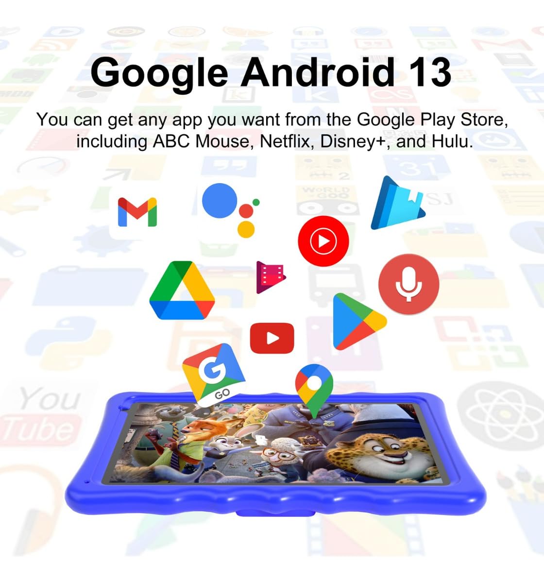 **10 Inch Android 13 Kids Tablet with 4GB RAM & 32GB ROM - 1280x800 IPS Screen, 2MP Front & 5MP Rear Camera, Durable Kid-Proof Case - Perfect Gift for Learning & Entertainment (Blue)**    *(Ideal for Online Classes, Games, Reading & Safe Browsing for Kids Ages 3-12)*