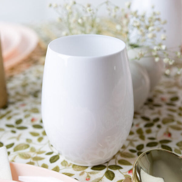 12 Oz Stemless Plastic Wine Glasses - 6 Pack White Goblets for Parties, Weddings & Outdoor Events