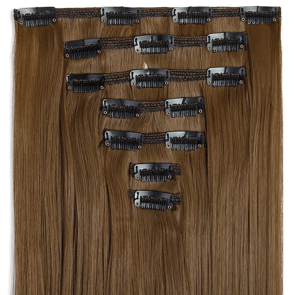 24 Inch Wavy Curly Clip-In Hair Extensions - 7Pcs Double Weft Synthetic Hair with 16 Clips (160g/set) - Dark Brown to Ash Blonde Ombre - Perfect for Parties, Weddings & Daily Styling
